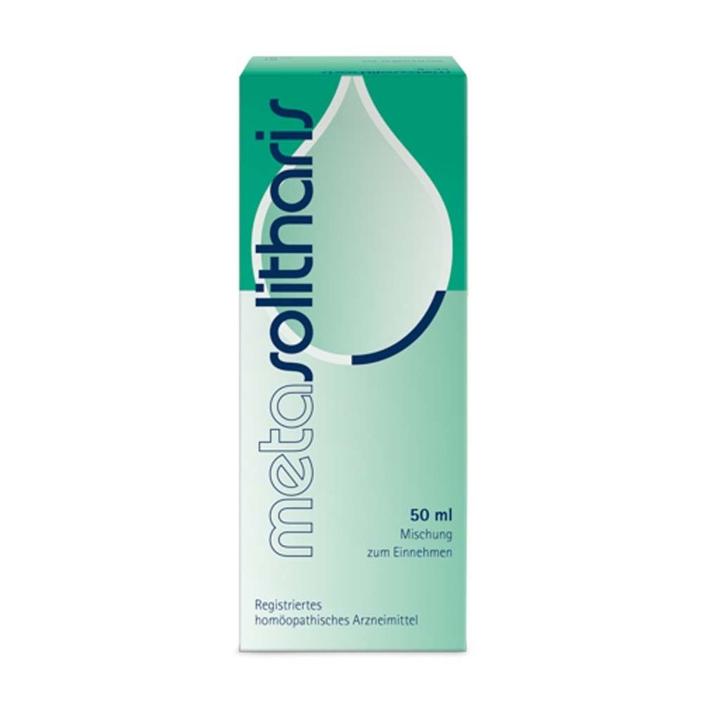 Grüne Schachtel mit weißem Tropfen-Design. Aufschrift metasolitharis und 50 ml.