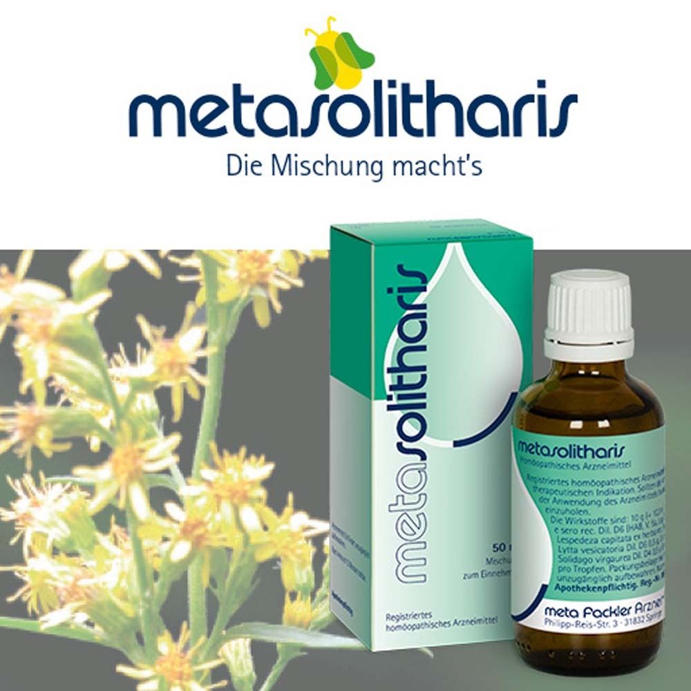 Produkt mit grüner Schachtel und brauner Flasche. Aufschrift metasolitharis. Hintergrund mit Blumen.