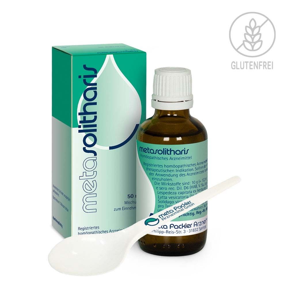 Produkt mit grüner Schachtel, brauner Flasche und Löffel. Aufschrift metasolitharis. Glutenfrei-Symbol.