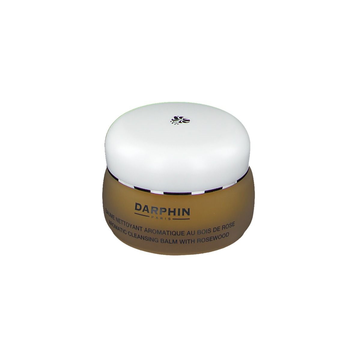 Brauner Tiegel mit weißem Deckel. Aufschrift: Darphin, Aromatic Cleansing Balm with Rosewood.