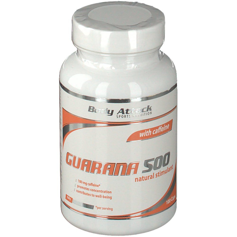 Weiße Flasche mit orangefarbenem Etikett. Aufschrift: GUARANA 500, mit Koffein. Enthält 100 Kapseln.