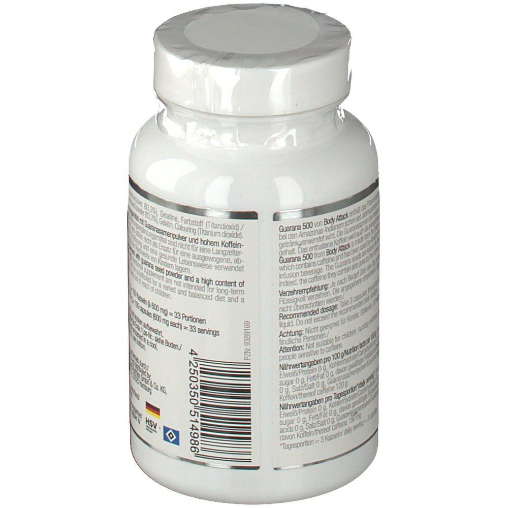 Weiße Flasche mit Etikett. Aufschrift: GUARANA 500. Rückseite mit Inhaltsangaben und Nährwertangaben. 100 Kapseln.