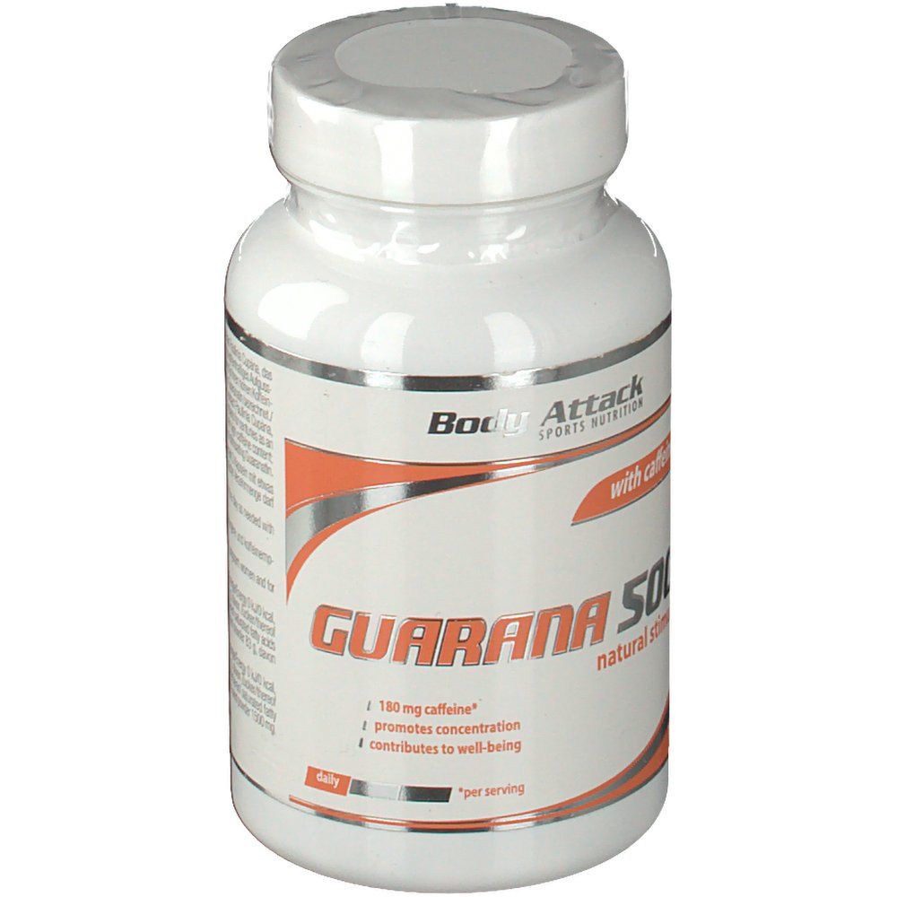 Weiße Flasche mit orangefarbenem Etikett. Aufschrift: GUARANA 500, mit Koffein. Enthält 100 Kapseln.