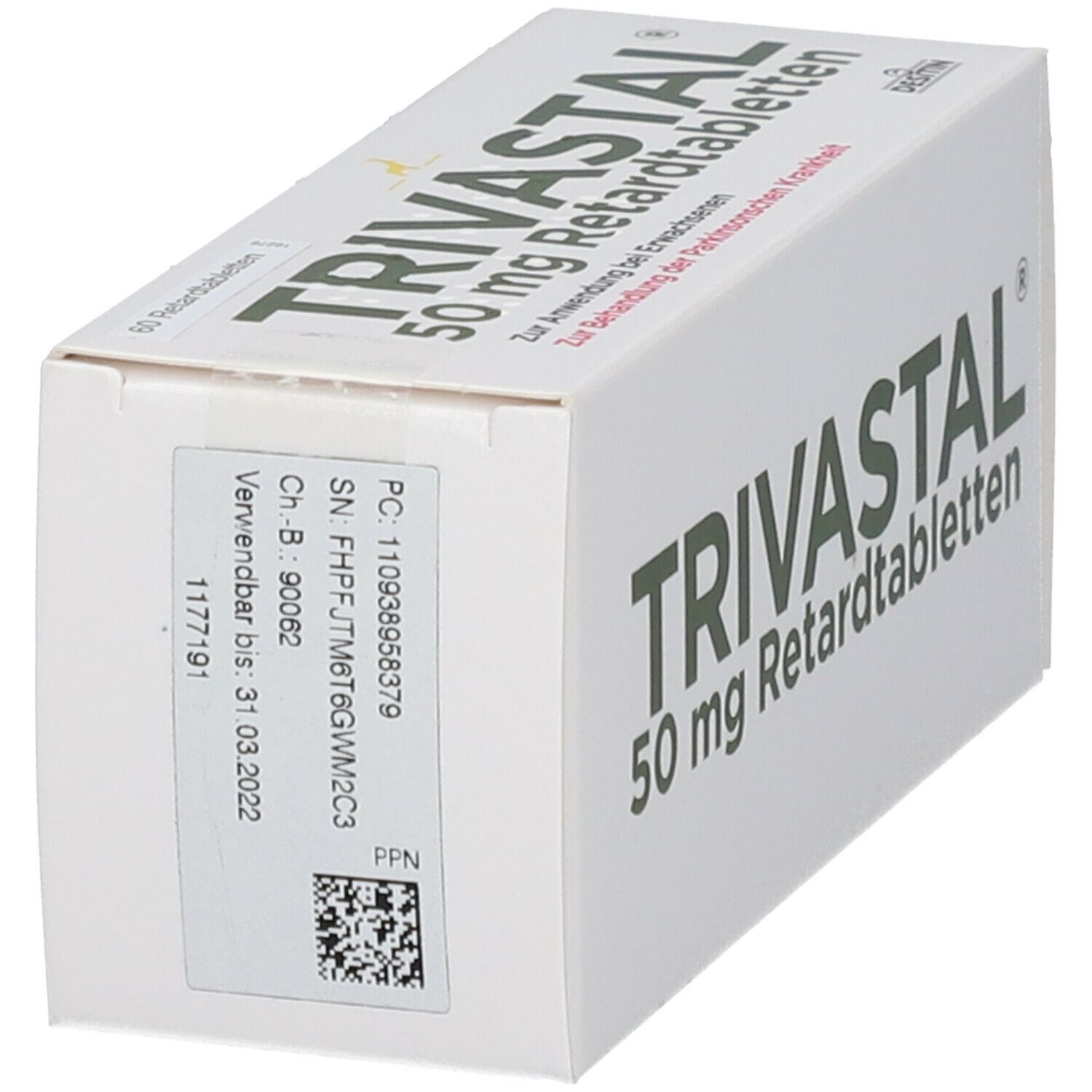 Schachtel TRIVASTAL 50 mg Retardtabletten, schräg. Aufdrucke mit Produktinformationen und Chargennummer. Weiße Verpackung.
