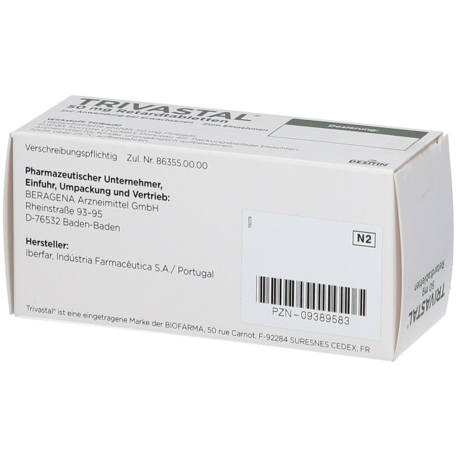 Rückseite der Schachtel TRIVASTAL 50 mg Retardtabletten. Text mit Hersteller- und Apothekeninformationen. Weiße Verpackung.