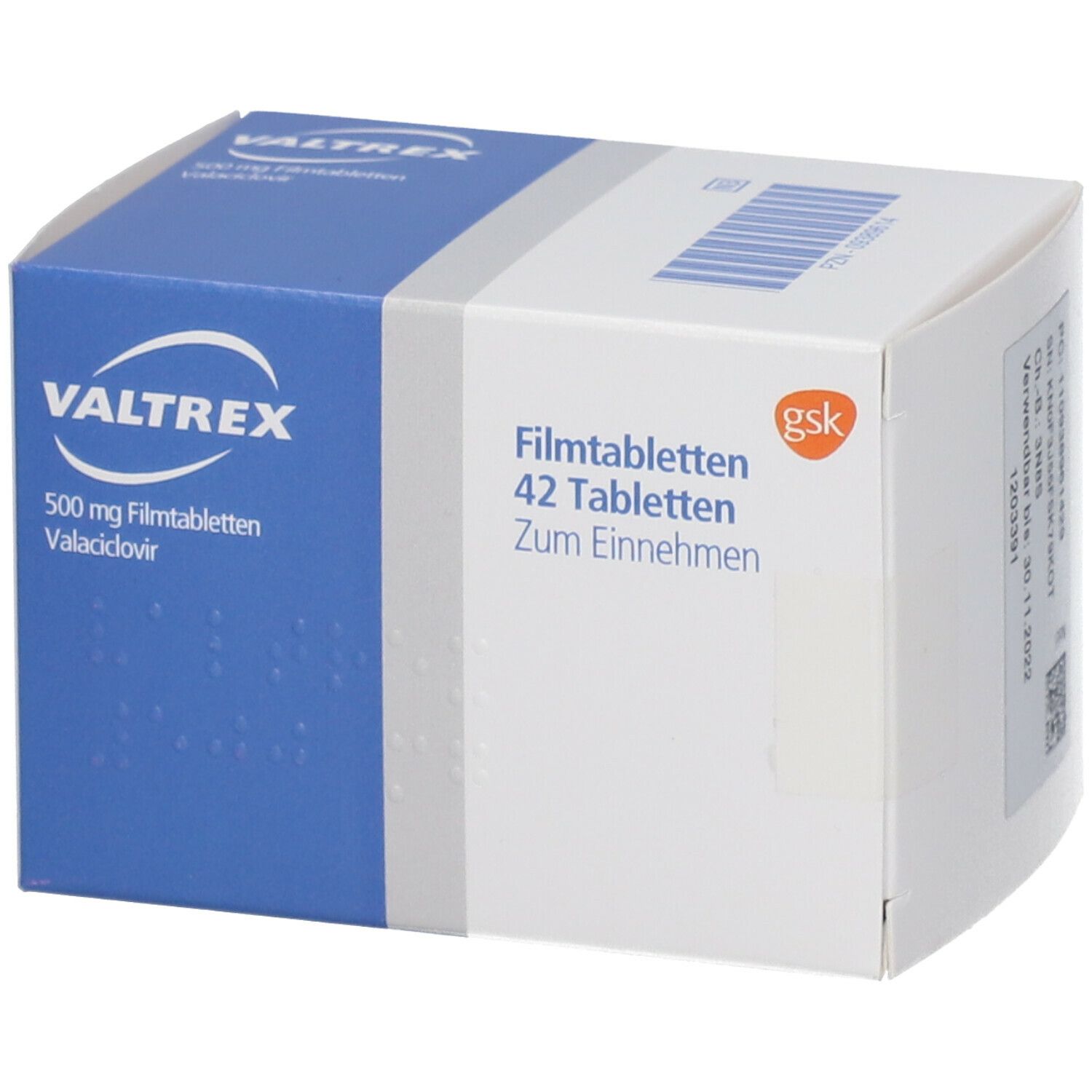 Schachtel mit VALTREX 500 mg Filmtabletten. Blaue und weiße Verpackung. Enthält 42 Tabletten. Mit gsk-Logo.