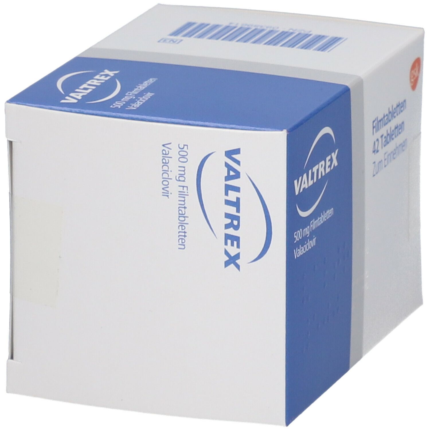 VALTREX 500 mg Schachtel, blaue und weiße Verpackung. Aufschrift VALTREX und 500 mg Filmtabletten. Mit gsk-Logo.