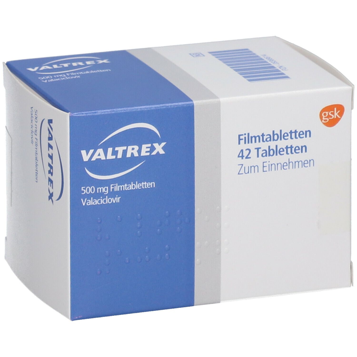 VALTREX 500 mg Schachtel, blaue und weiße Verpackung. Aufschrift VALTREX und 500 mg Filmtabletten. Mit gsk-Logo.