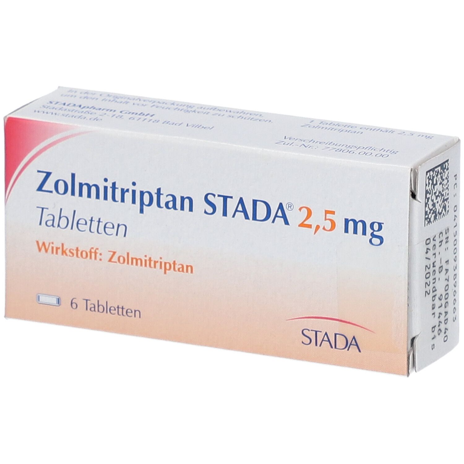 Zolmitriptan STADA® 2,5 mg Tabletten-Packung. 6 Tabletten. Wirkstoff: Zolmitriptan. STADA-Logo.