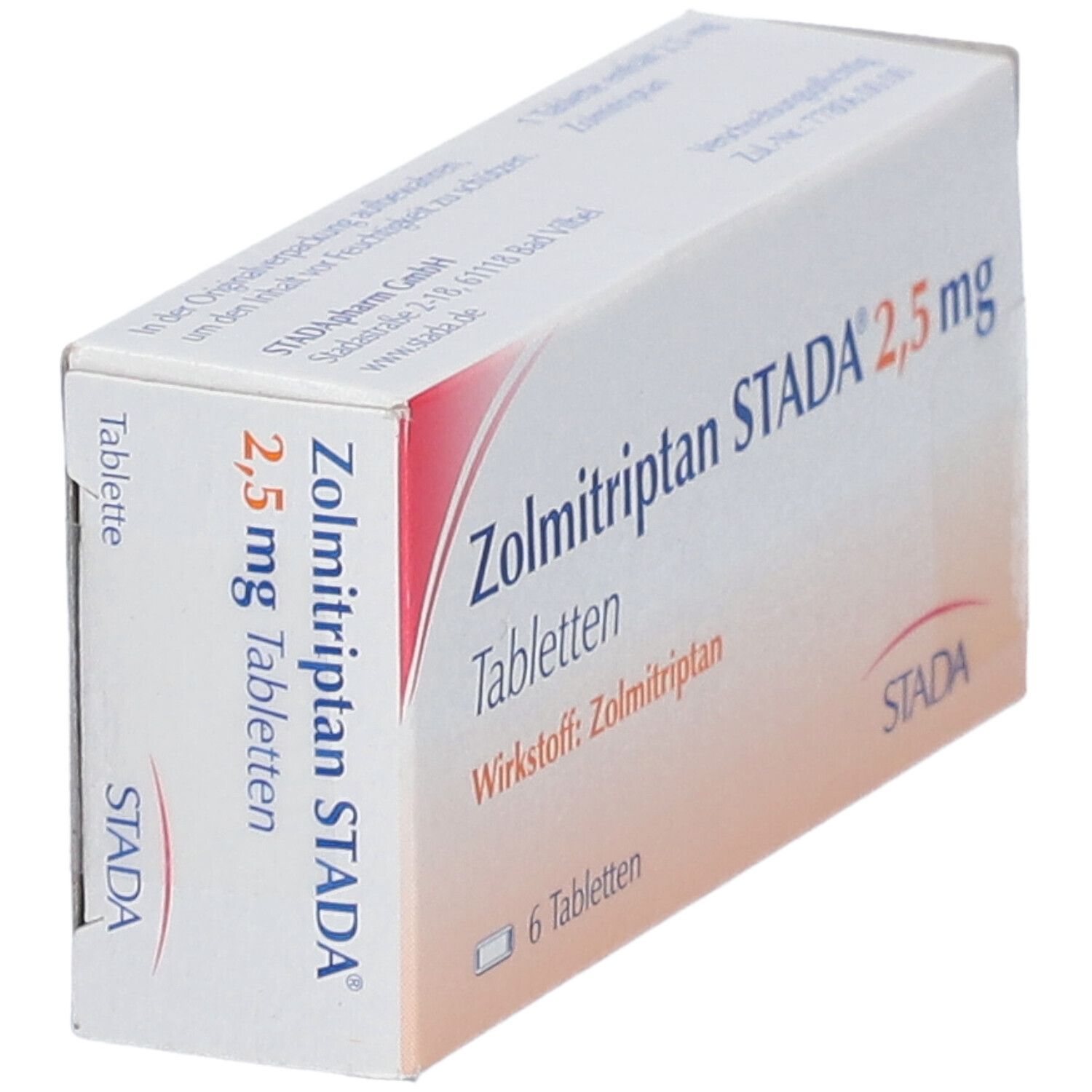 Zolmitriptan STADA® 2,5 mg Tabletten-Packung. 6 Tabletten. Wirkstoff: Zolmitriptan. STADA-Logo.