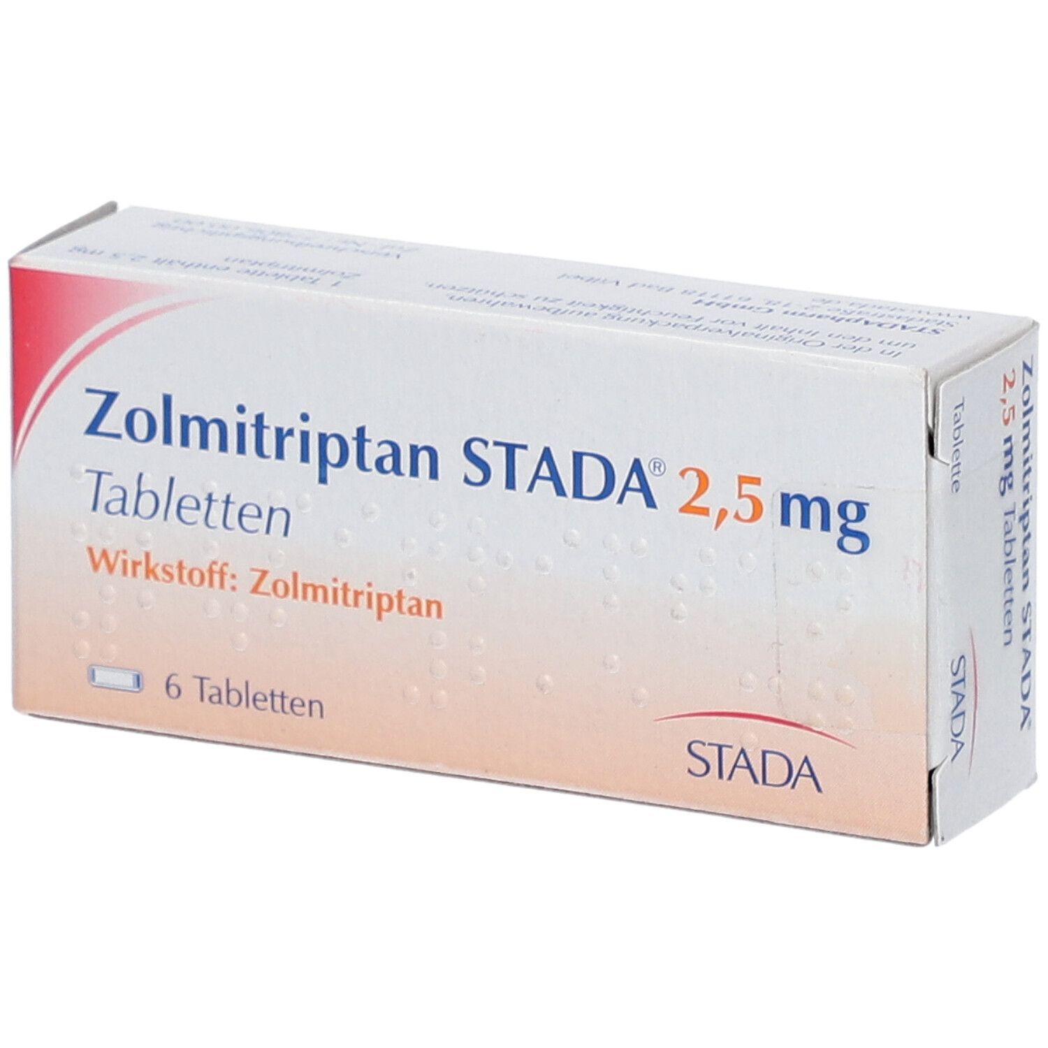 Zolmitriptan STADA® 2,5 mg Tabletten-Packung. 6 Tabletten. Wirkstoff: Zolmitriptan. STADA-Logo.