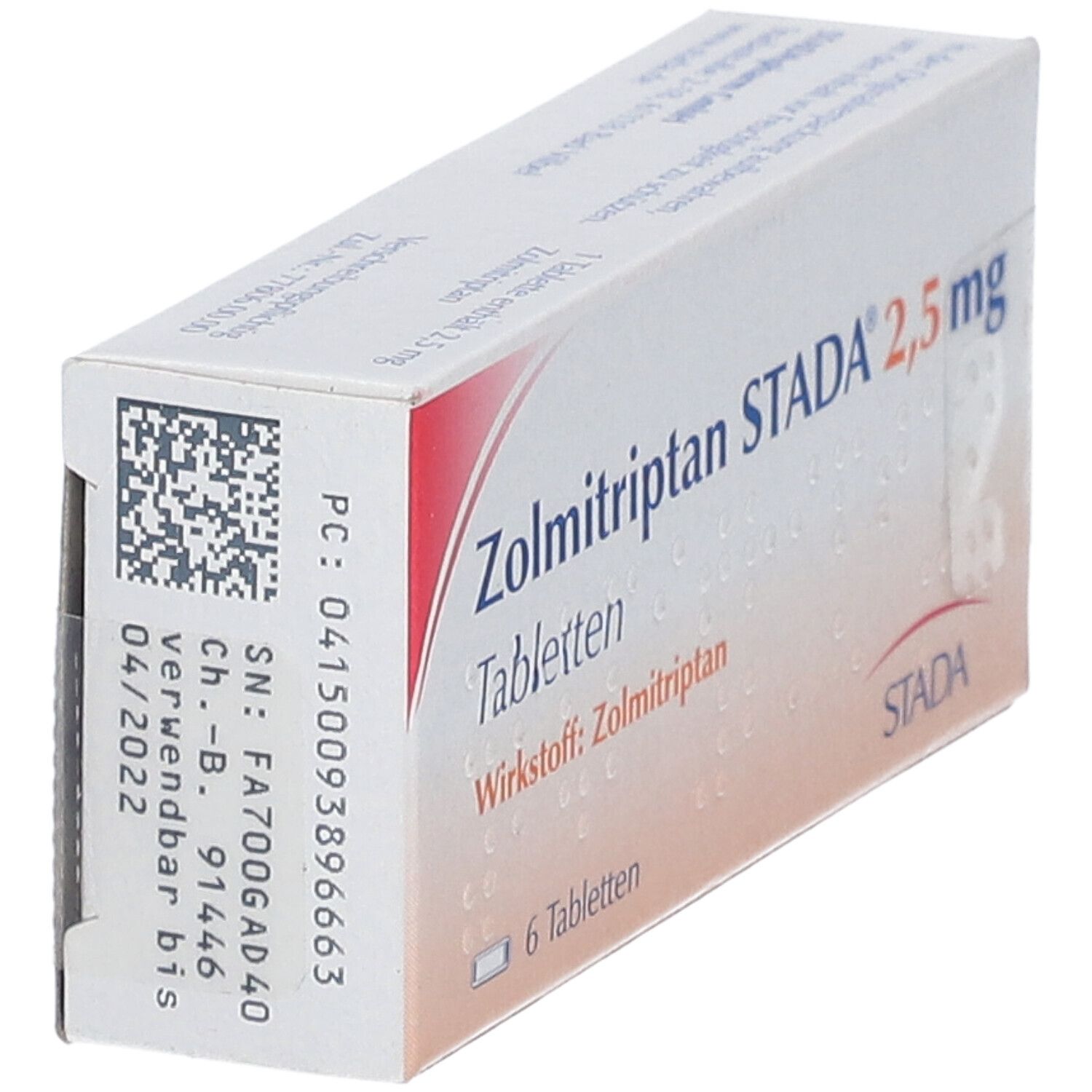 Zolmitriptan STADA® 2,5 mg Tabletten-Packung. 6 Tabletten. Wirkstoff: Zolmitriptan. STADA-Logo.
