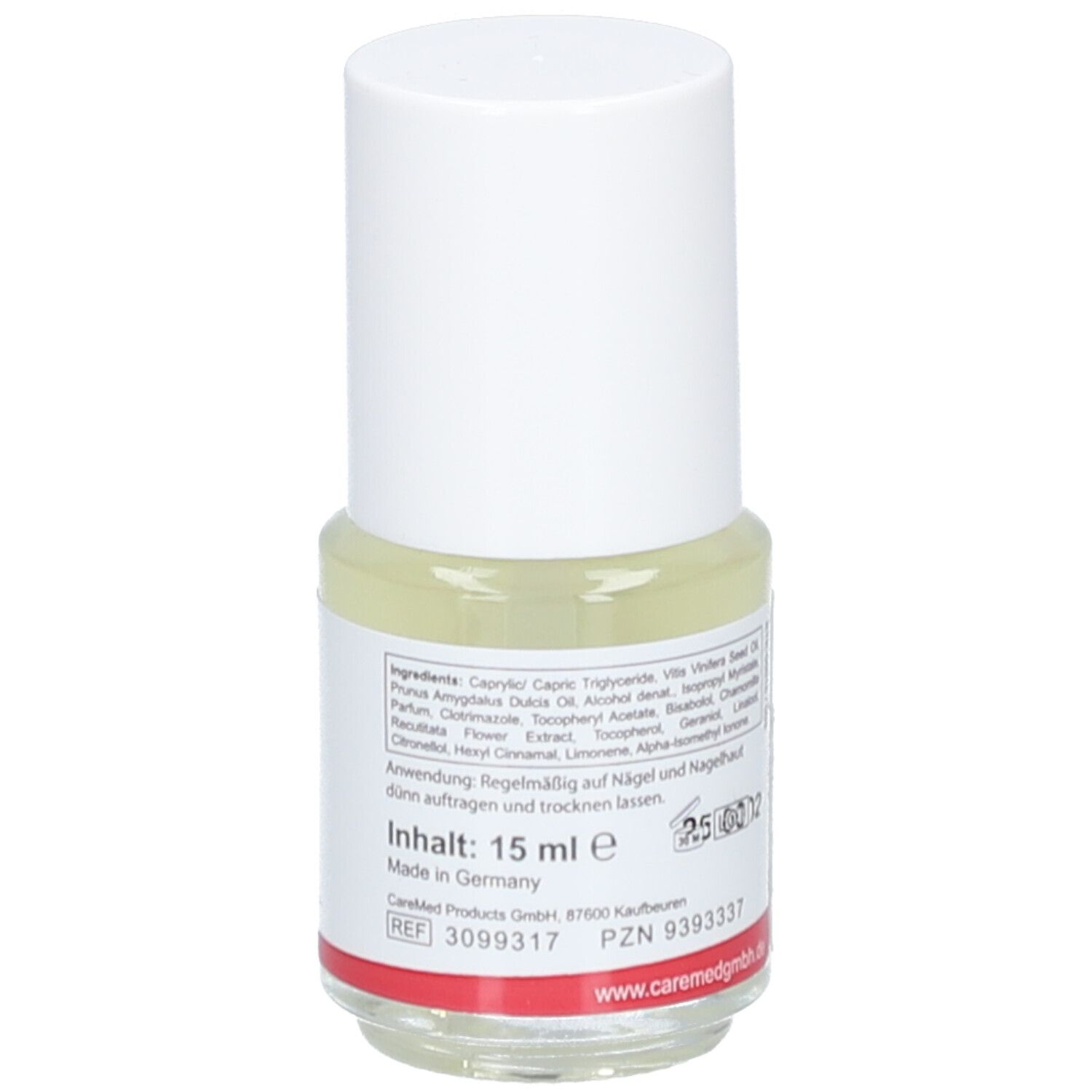 Nagelöl-Fläschchen mit weißem Deckel. Etikett mit Inhaltsstoffen und Volumenangabe: 15 ml.