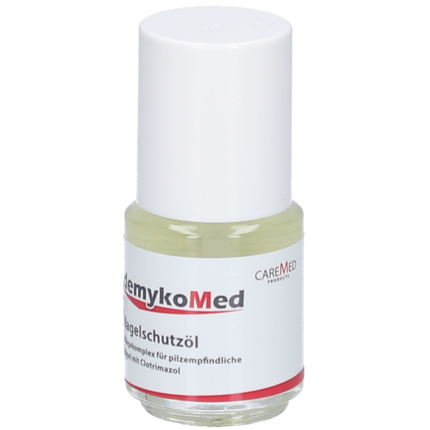 Nagelschutzöl-Fläschchen. Weißer Deckel, transparente Flüssigkeit. Aufschrift: demykoMed, CAREMED PRODUCTS, Nagelschutzöl.