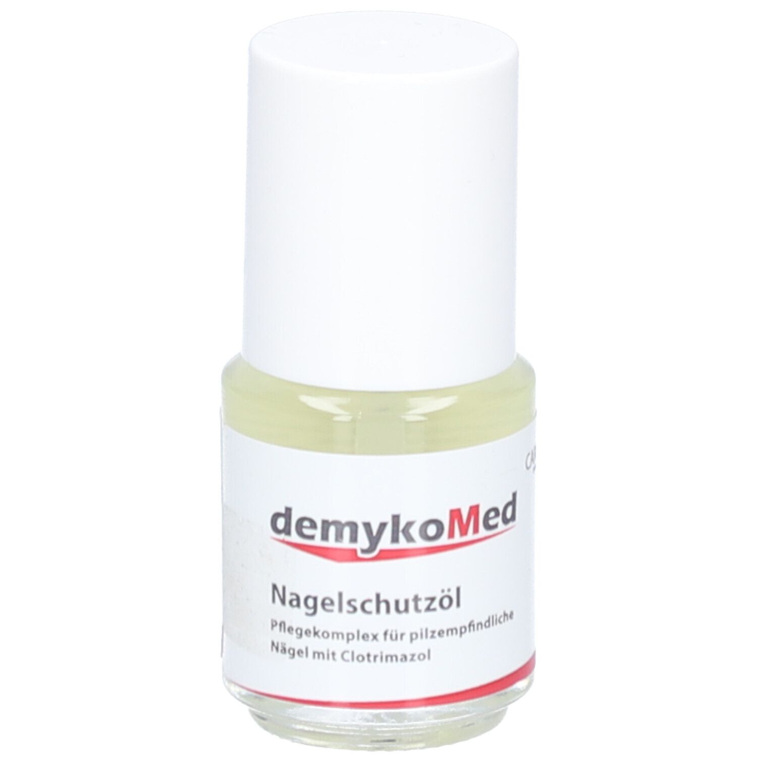 Nagelschutzöl-Fläschchen. Weißer Deckel, transparente Flüssigkeit. Aufschrift: demykoMed, CAREMED PRODUCTS, Nagelschutzöl.