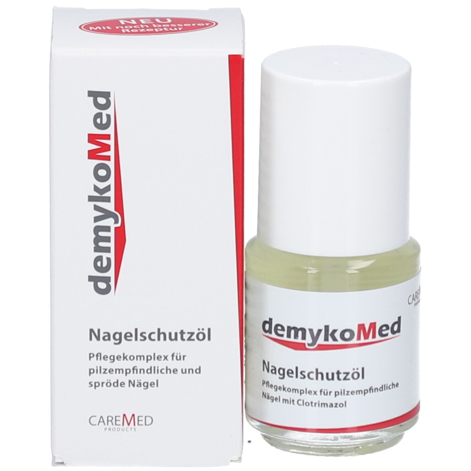 Nagelschutzöl-Fläschchen mit Verpackung. Fläschchen mit weißem Deckel, transparente Flüssigkeit. Verpackung weiß mit roter Schrift.
