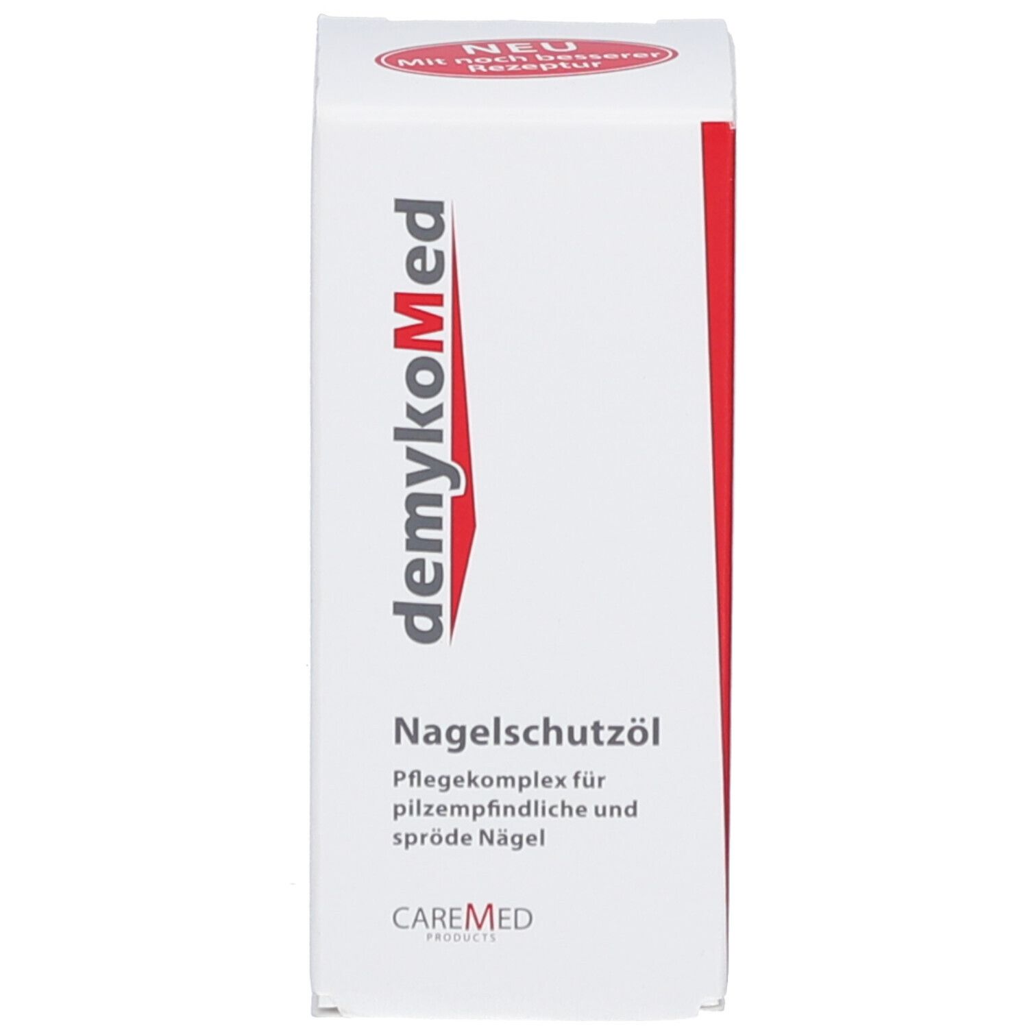 Verpackung des Nagelschutzöls. Weiß mit roter Schrift. Aufschrift: demykoMed, Nagelschutzöl, CAREMED.