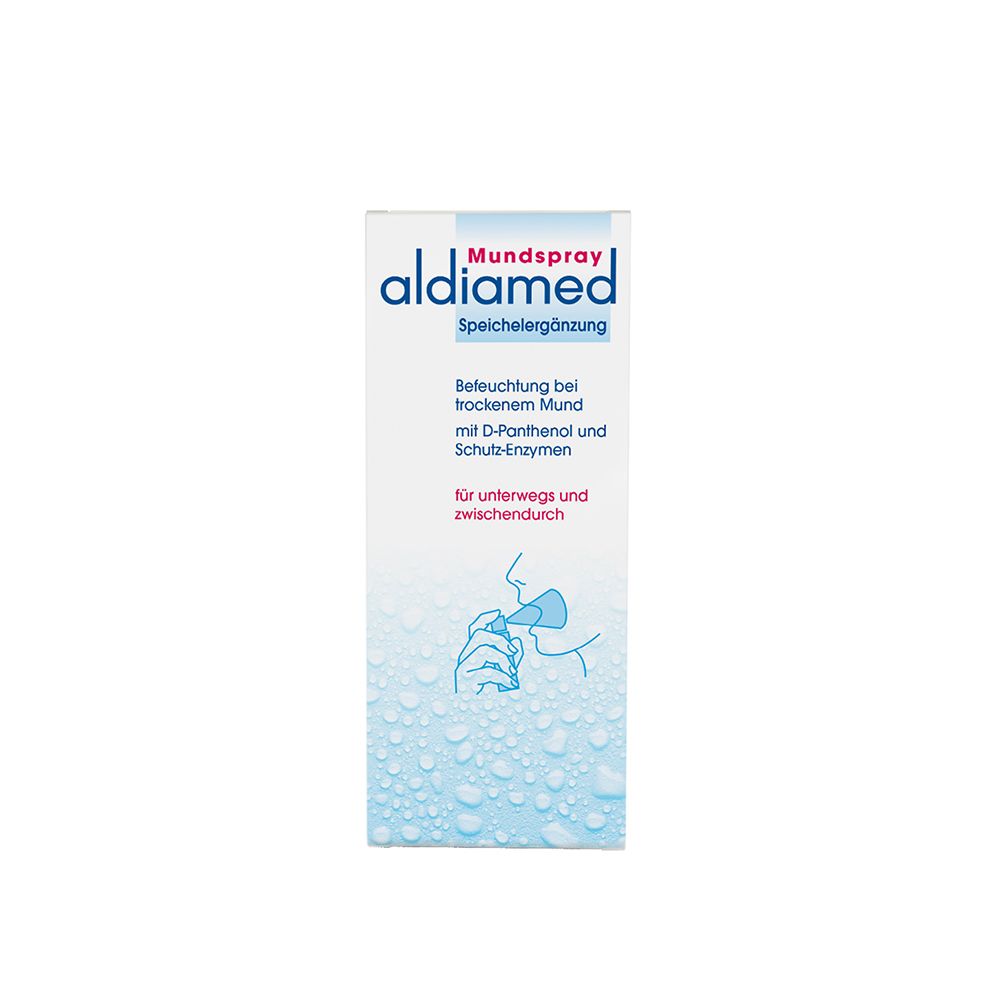 Aldiamed Mundspray Speichelergänzung mit D-Panthenol und Schutz-Enzymen zur Befeuchtung bei trockenem Mund.