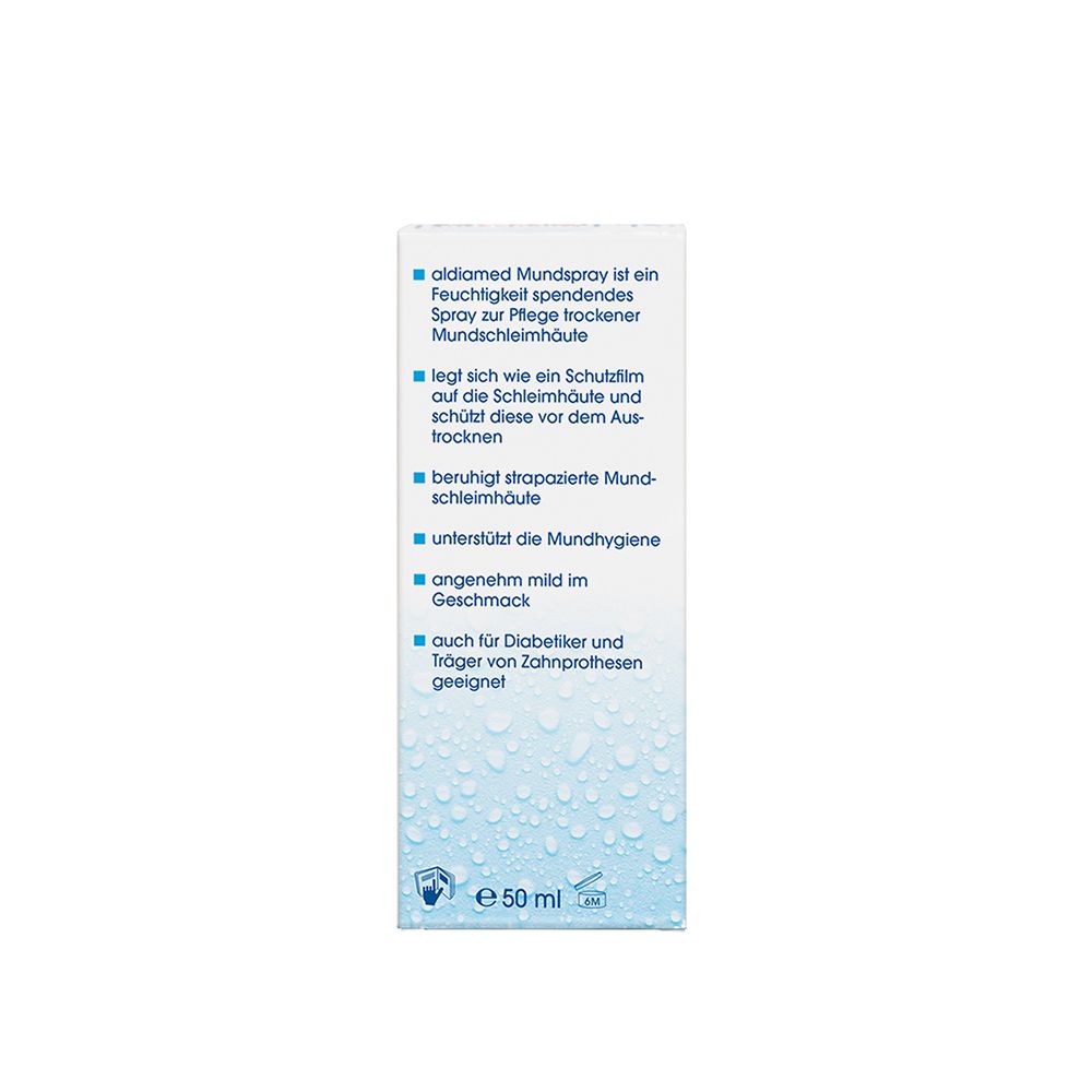 Packung mit Mundspray, 50 ml. Beschriftung listet Vorteile auf.