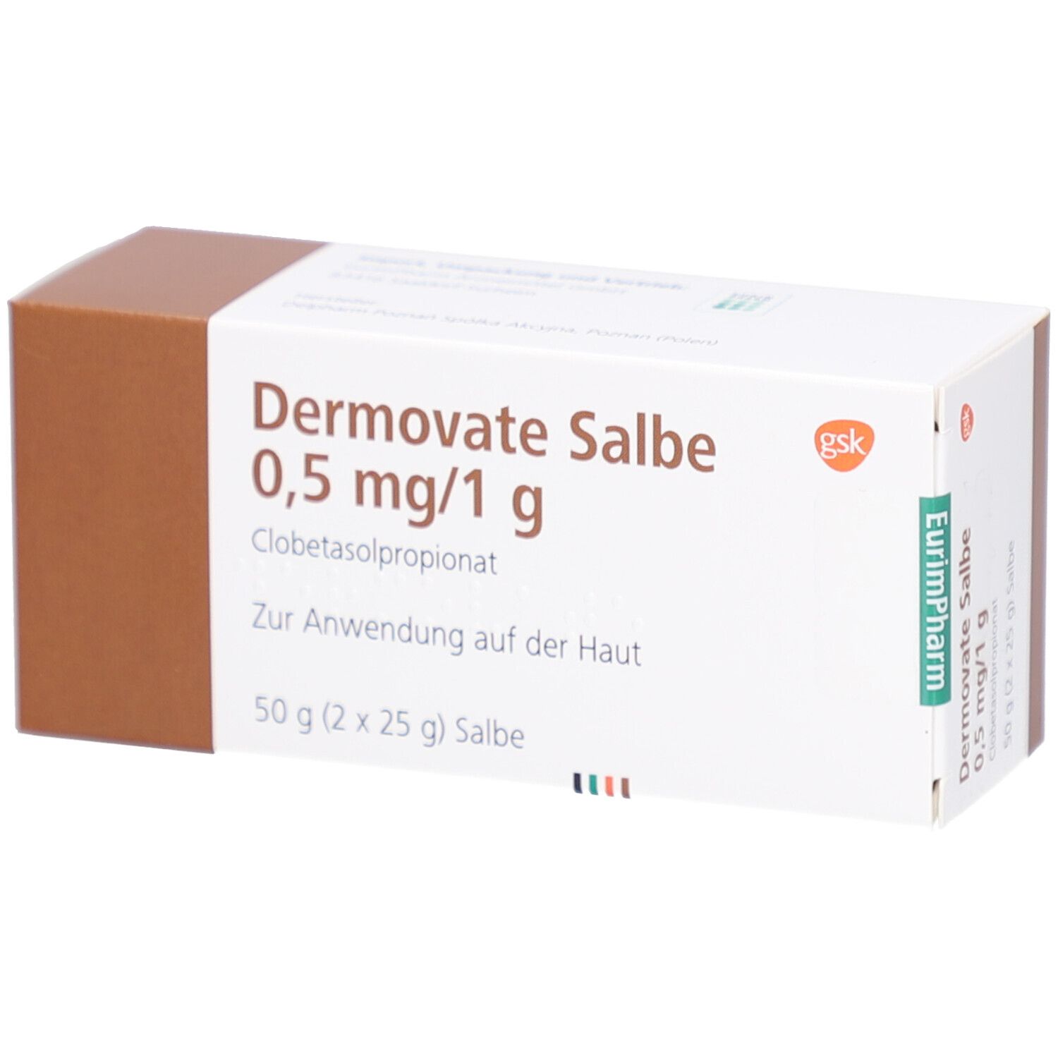 Weiß-braune Schachtel. Aufschrift: Dermovate Salbe 0,5 mg/1 g. Enthält Clobetasolpropionat. 50 g (2 x 25 g) Salbe. EurimPharm-Logo.