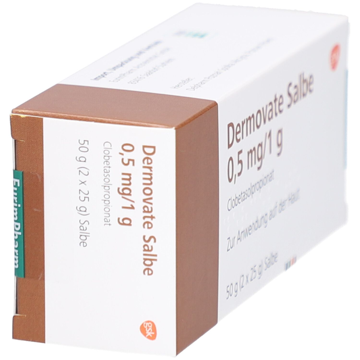 Schachtel, weiß-braun. Aufschrift: Dermovate Salbe 0,5 mg/1 g. Enthält Clobetasolpropionat. 50 g (2 x 25 g) Salbe. EurimPharm-Logo.