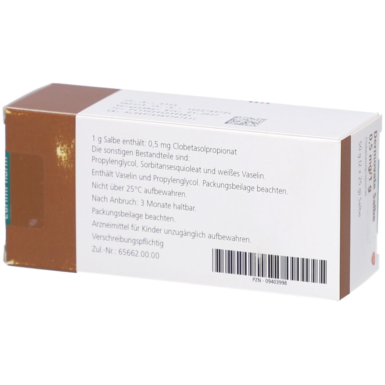 Rückseite der Schachtel. Text: Inhaltsstoffe, Haltbarkeit, Zul.-Nr. 65662.00.00. PZN 09403998. Weißer Hintergrund, braune Kante.