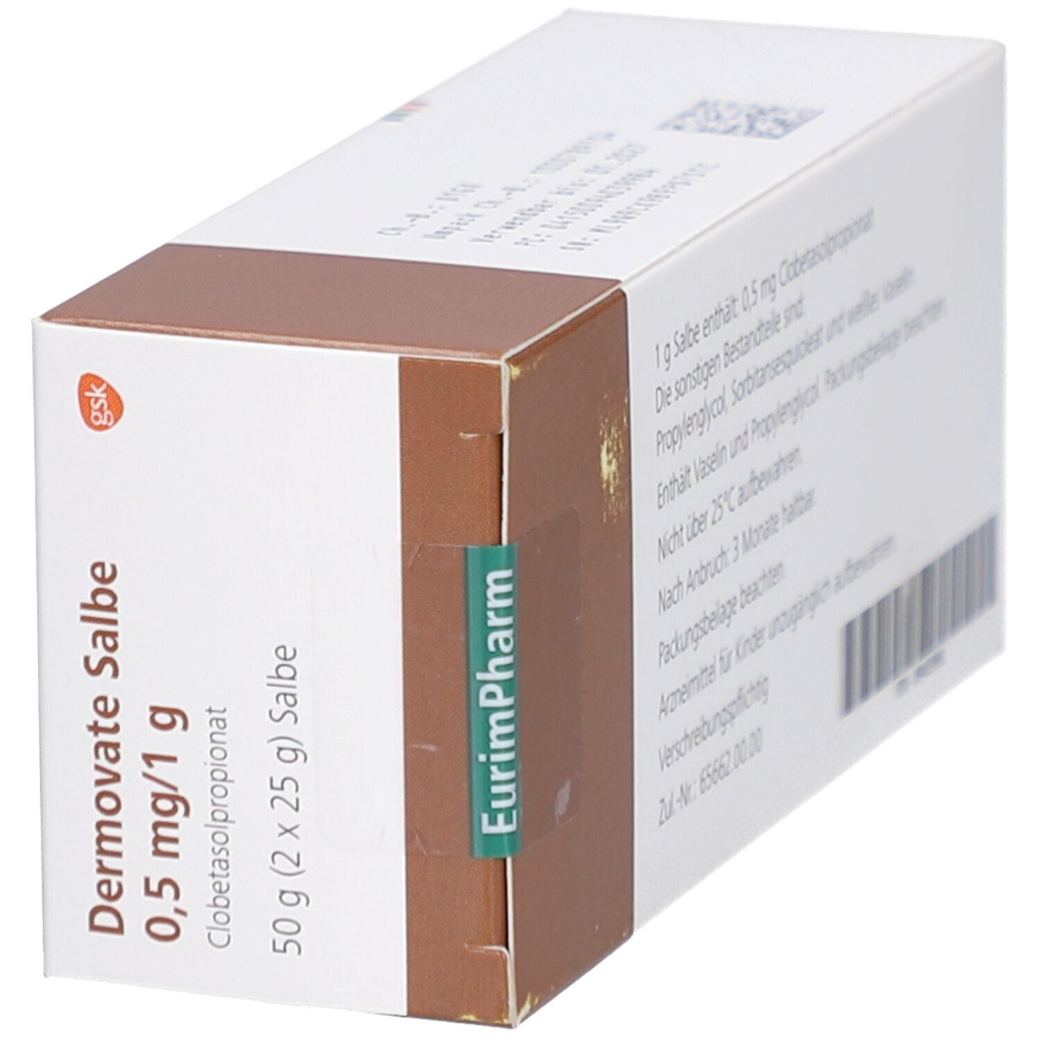 Schachtel, weiß-braun. Aufschrift: Dermovate Salbe 0,5 mg/1 g. Enthält Clobetasolpropionat. 50 g (2 x 25 g) Salbe. EurimPharm-Logo.