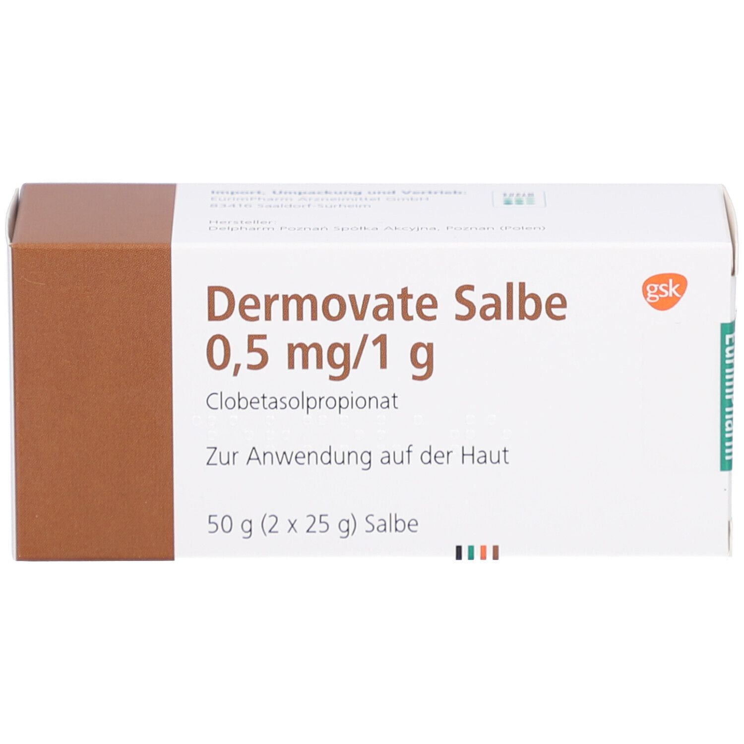 Weiß-braune Schachtel. Aufschrift: Dermovate Salbe 0,5 mg/1 g. Enthält Clobetasolpropionat. 50 g (2 x 25 g) Salbe. EurimPharm-Logo.
