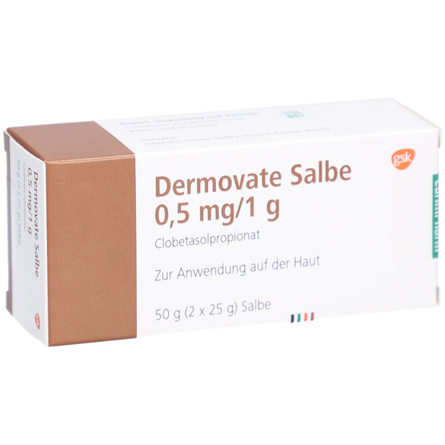 Weiß-braune Schachtel. Aufschrift: Dermovate Salbe 0,5 mg/1 g. Enthält Clobetasolpropionat. 50 g (2 x 25 g) Salbe. EurimPharm-Logo.