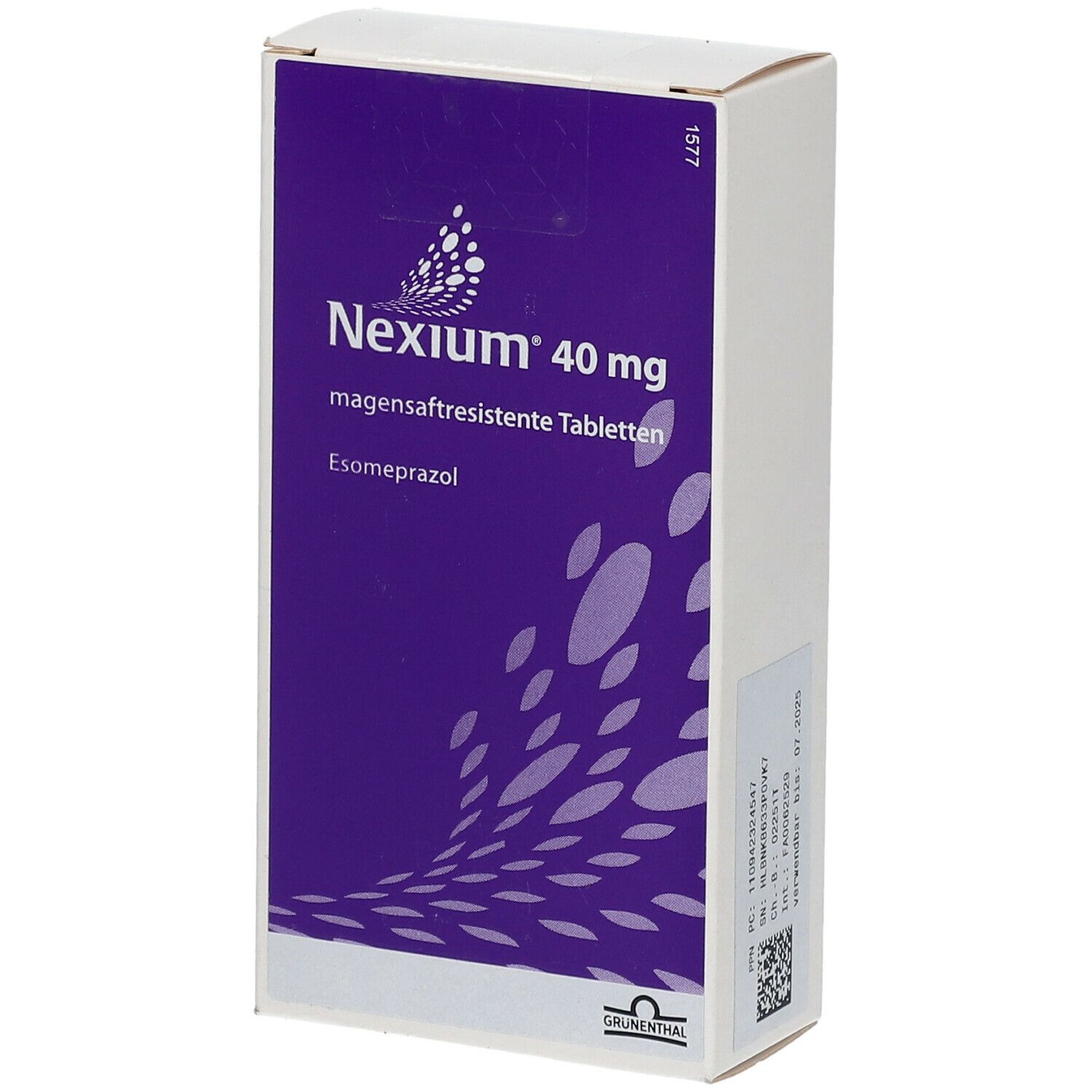 Nexium 40 mg-Verpackung. Lila-weiße Schachtel mit Produktnamen und Dosierung. Enthält magensaftresistente Tabletten.