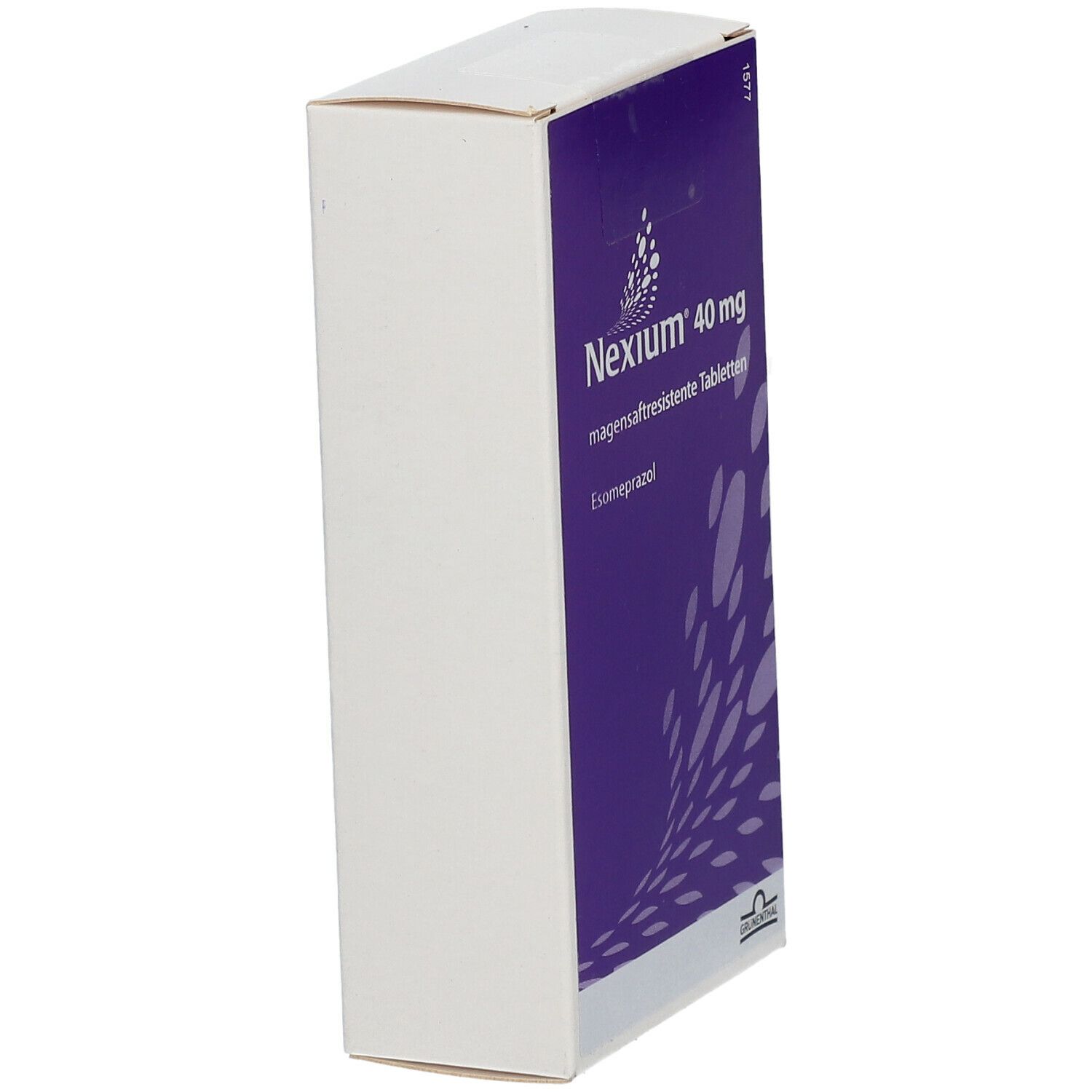 Nexium 40 mg-Verpackung, Seitenansicht. Lila-weiße Schachtel mit Produktnamen und Dosierung. Enthält Tabletten.