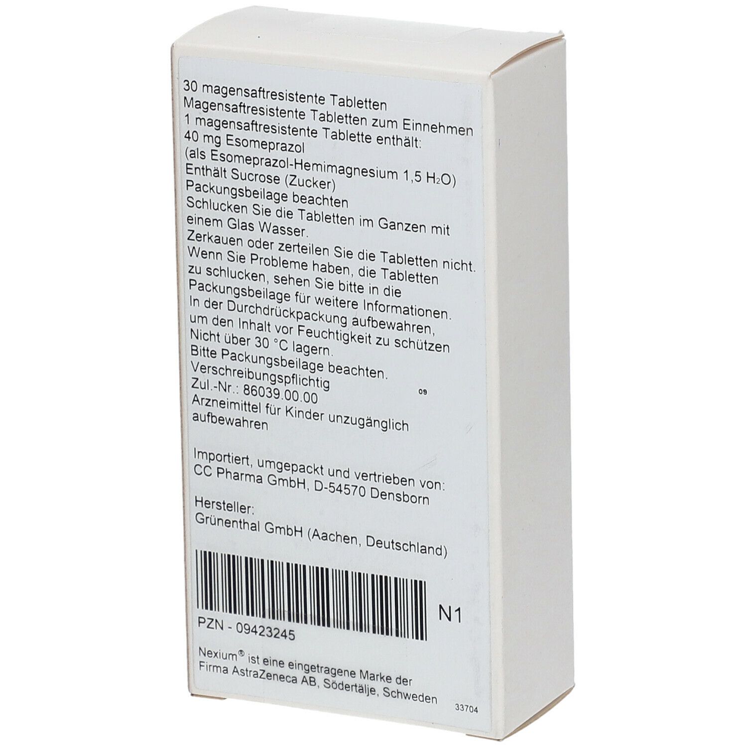 Rückseite der Nexium 40 mg-Verpackung. Enthält Informationen zu Tabletten, Inhaltsstoffen, Dosierung und Hersteller.