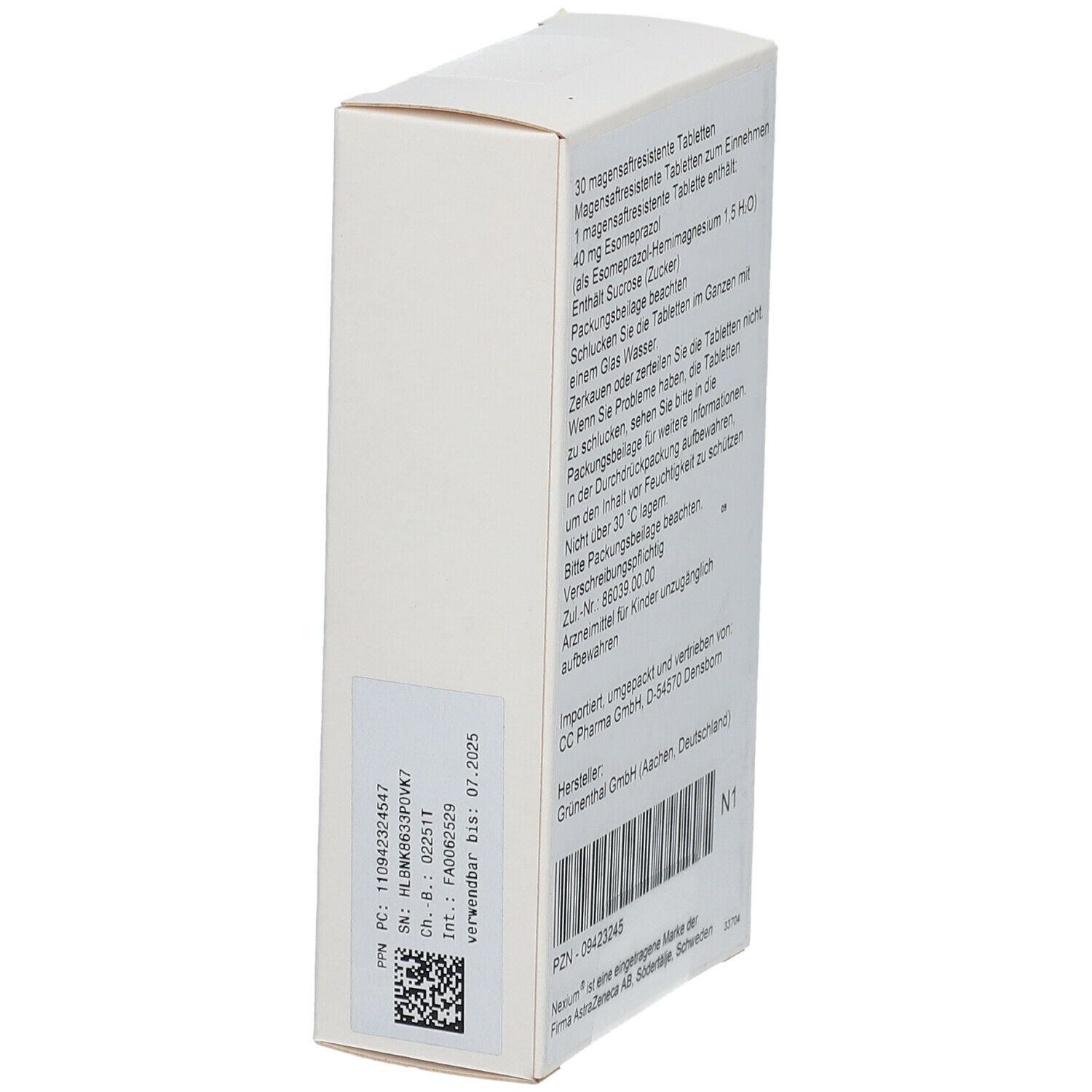 Rückseite der Nexium 40 mg-Verpackung. Enthält Informationen zu Tabletten, Inhaltsstoffen, Dosierung und Hersteller.