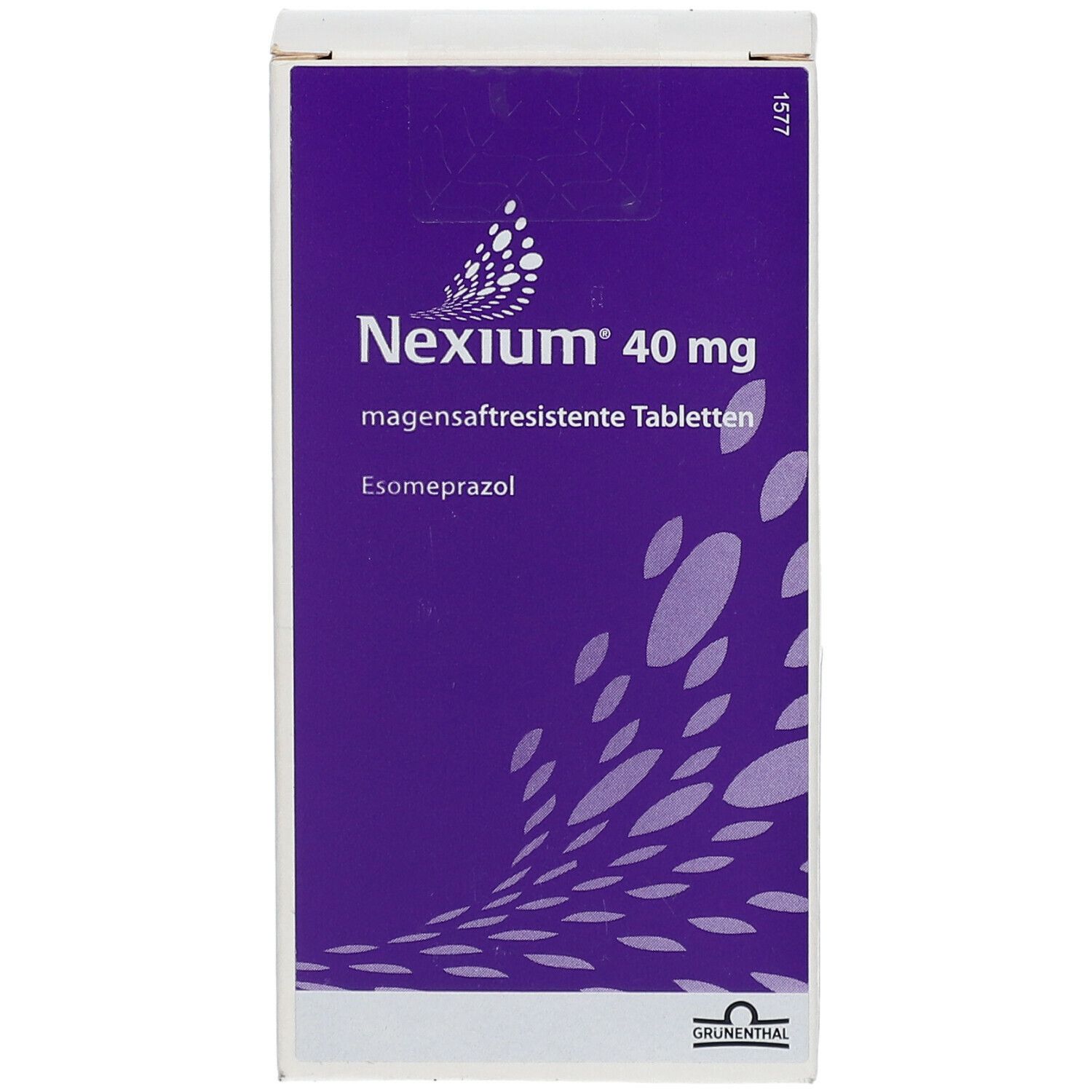 Nexium 40 mg-Verpackung. Lila-weiße Schachtel mit Produktnamen und Dosierung. Enthält magensaftresistente Tabletten.