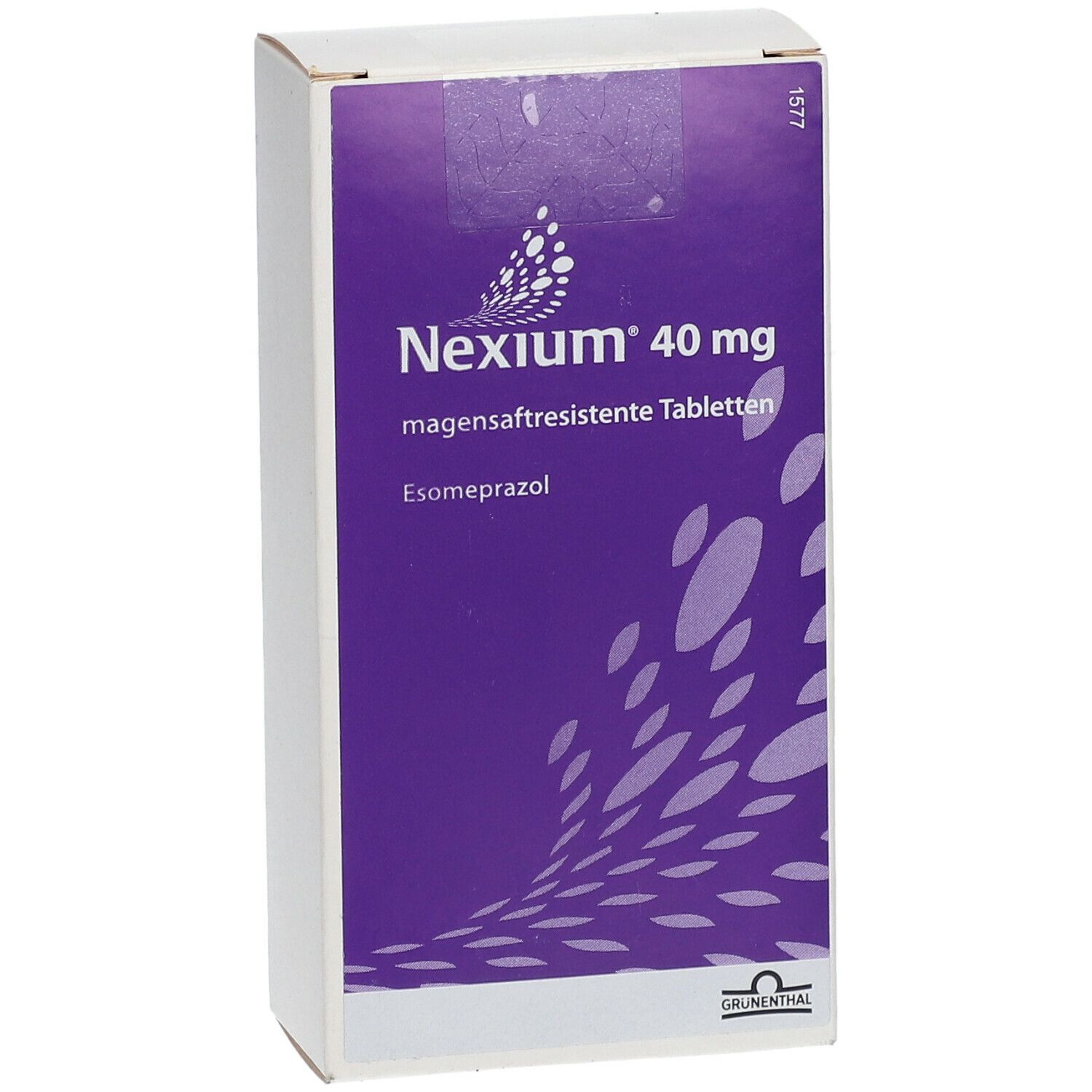 Nexium 40 mg-Verpackung. Lila-weiße Schachtel mit Produktnamen und Dosierung. Enthält magensaftresistente Tabletten.