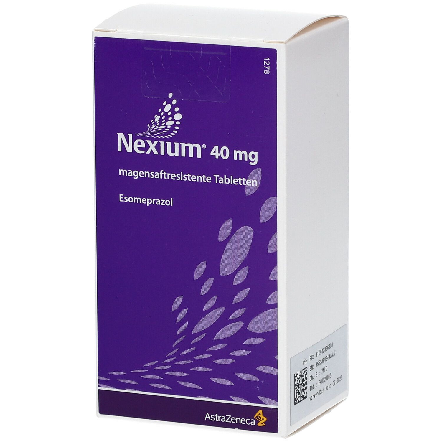 Schachtel Nexium® 40 mg. Violett-weiße Verpackung mit Produktnamen und AstraZeneca-Logo. Enthält magensaftresistente Tabletten.