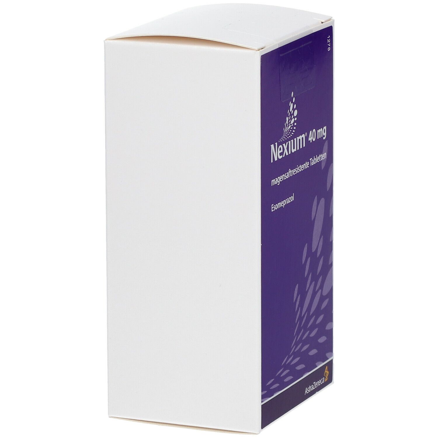 Weiße Schachtel mit violettem Seitenteil. Enthält den Produktnamen Nexium® 40 mg und das AstraZeneca-Logo. Eckige Form.