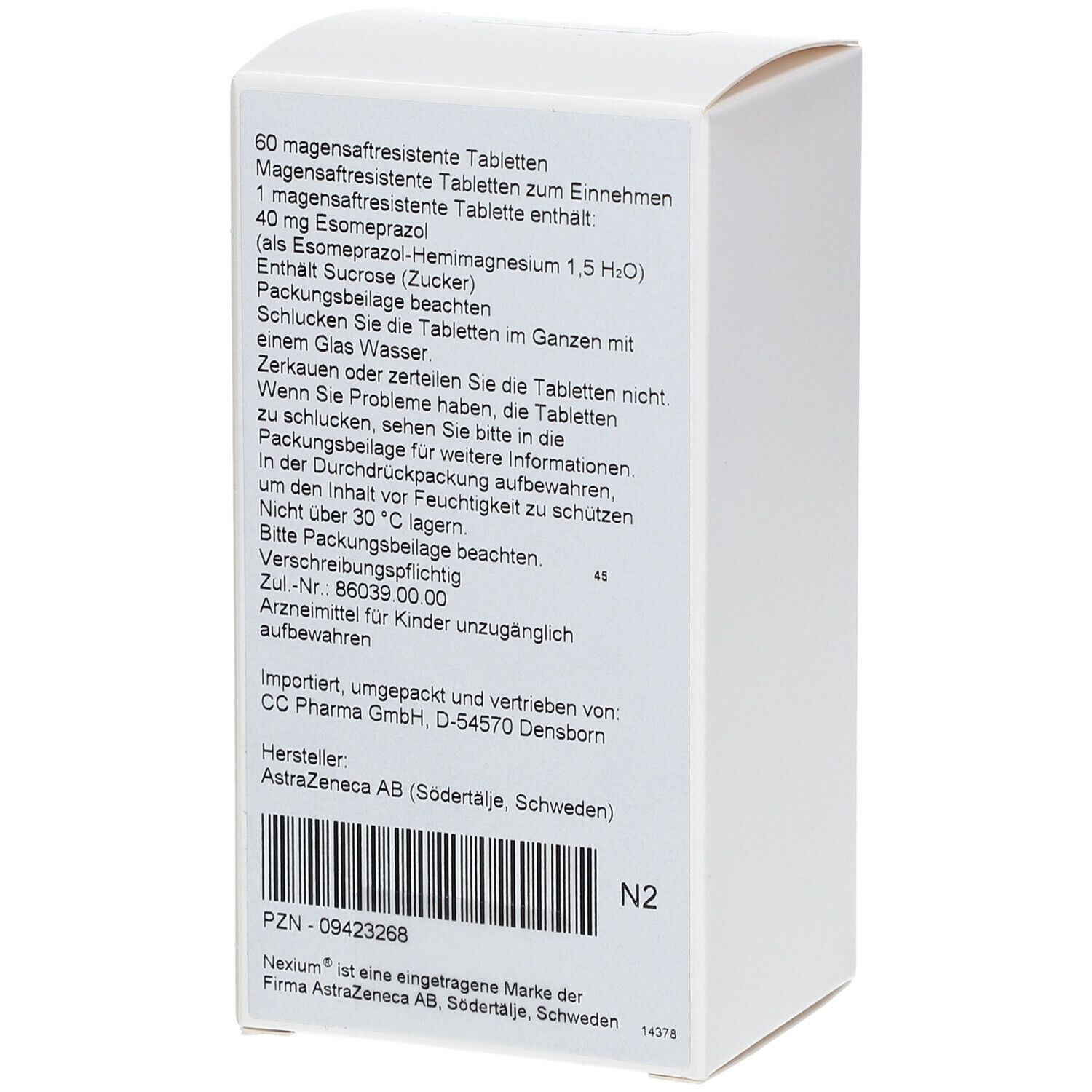 Rückseite der Nexium® 40 mg Schachtel. Enthält Textinformationen, Herstellerangaben und Barcode. Weiße Verpackung.
