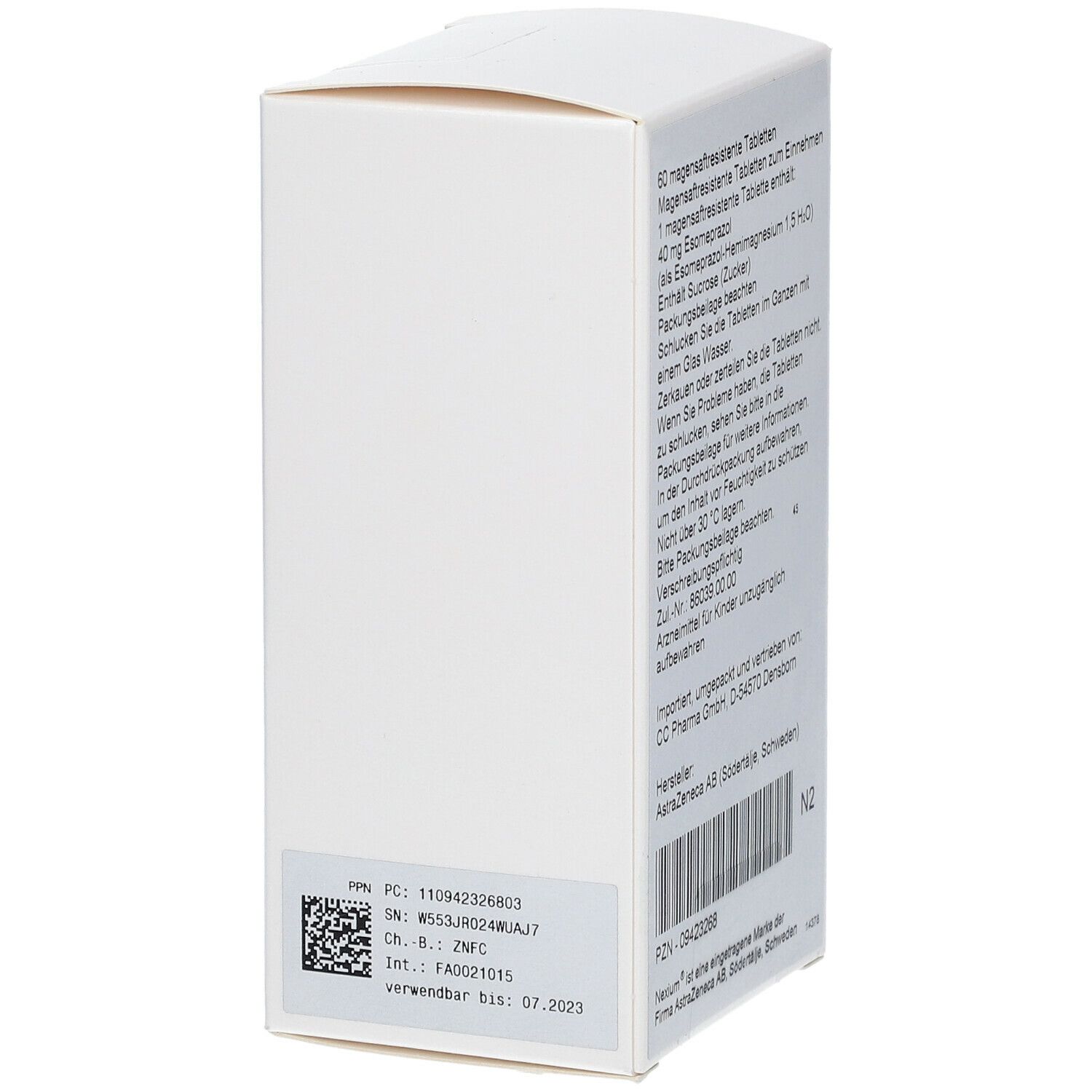 Rückseite der Nexium® 40 mg Schachtel. Enthält Textinformationen, Herstellerangaben und Barcode. Weiße Verpackung.