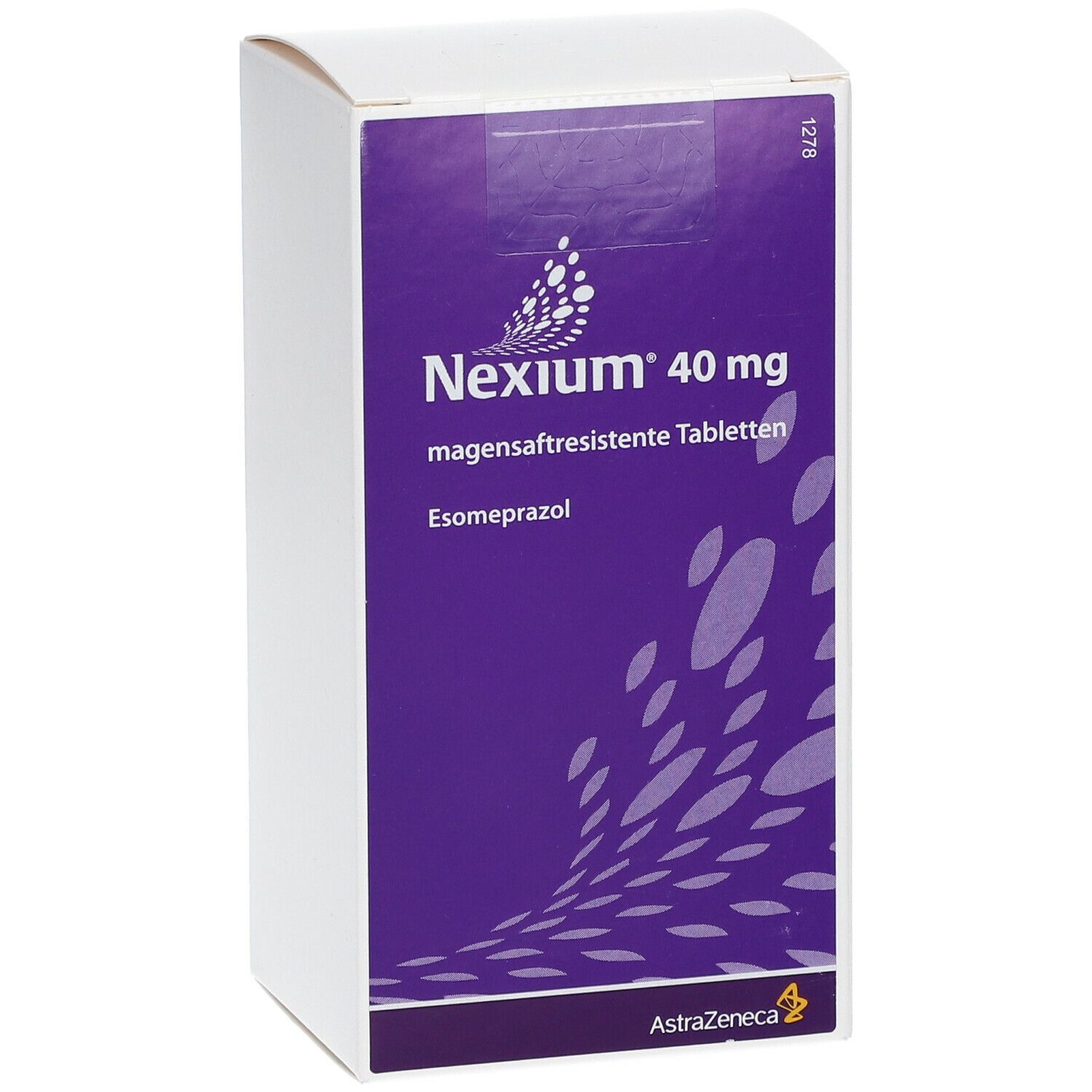 Schachtel Nexium® 40 mg. Violett-weiße Verpackung mit Produktnamen und AstraZeneca-Logo. Enthält magensaftresistente Tabletten.