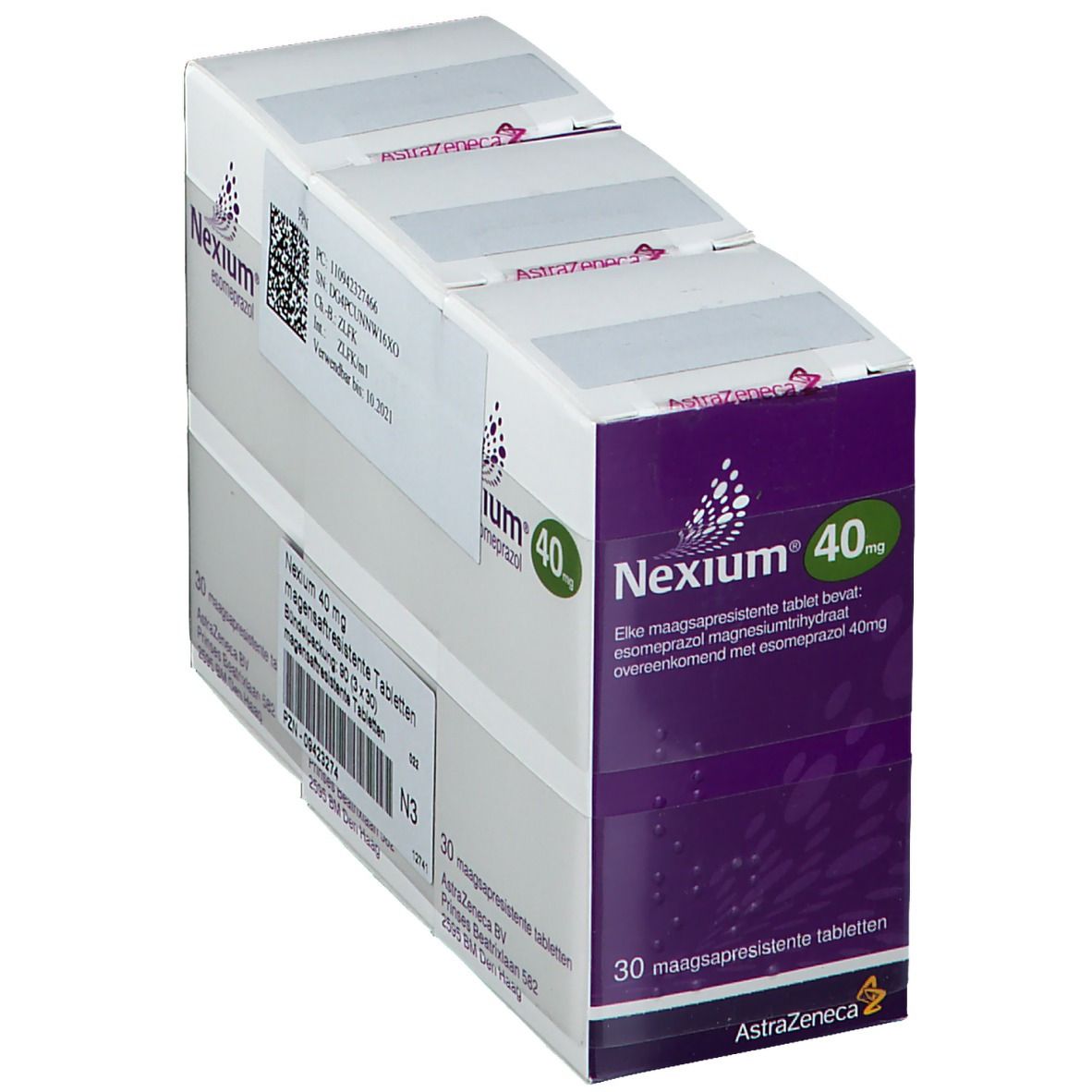 Nexium® 40 mg Packung. Lila und weiße Schachtel mit Produktinformationen. Enthält 30 magensaftresistente Tabletten.