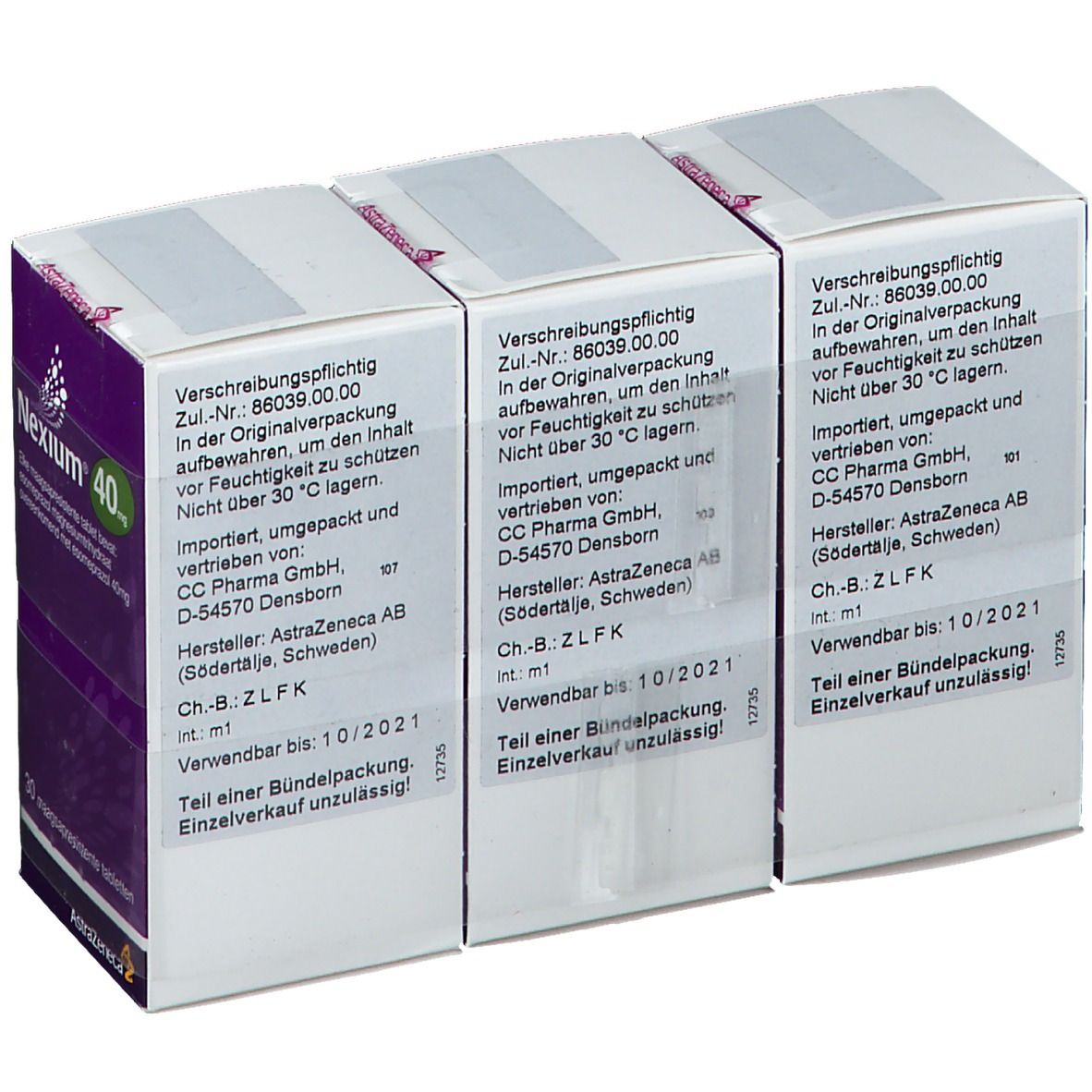 Drei Nexium® 40 mg Packungen. Weiße Schachteln mit Produktinformationen. Enthält 30 magensaftresistente Tabletten.