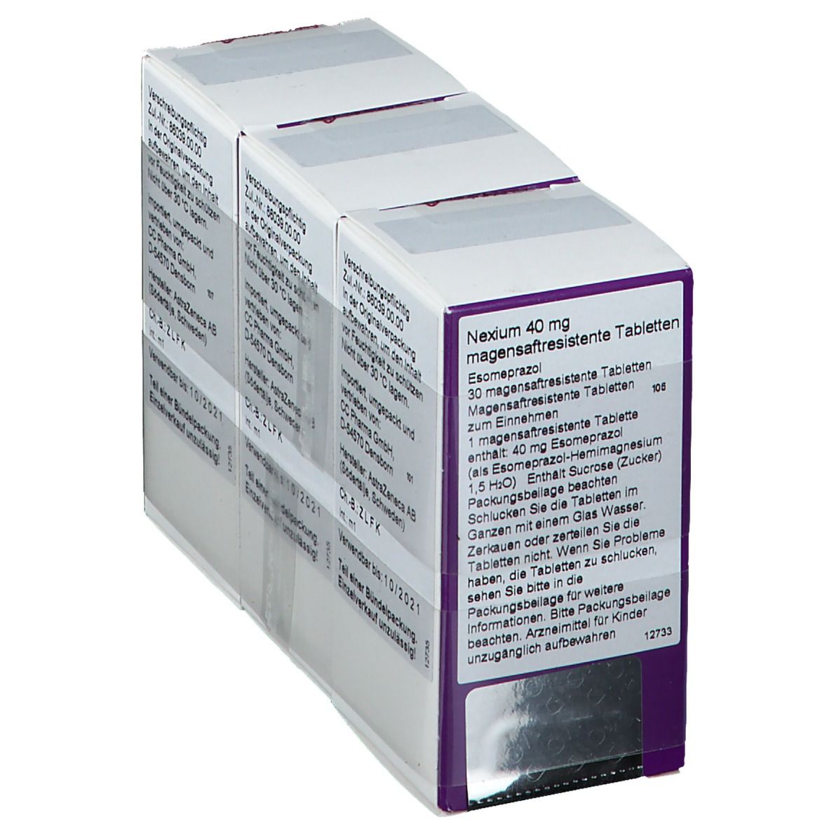 Nexium® 40 mg Packung. Lila und weiße Schachtel mit Produktinformationen. Enthält 30 magensaftresistente Tabletten.