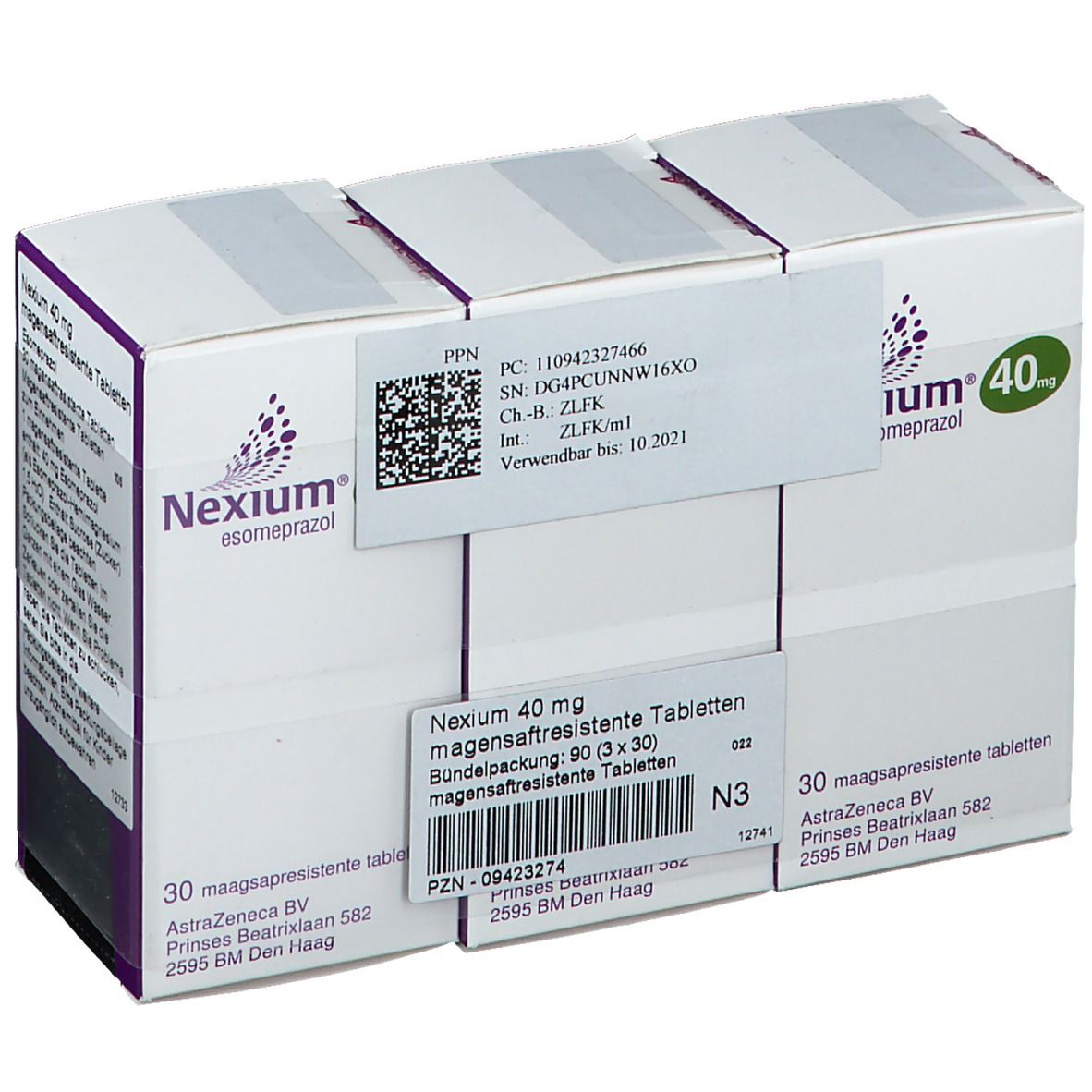 Nexium® 40 mg Packung. Lila und weiße Schachtel mit Produktinformationen. Enthält 30 magensaftresistente Tabletten.