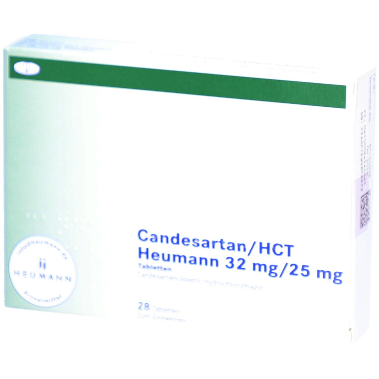 Schachtel mit CANDESARTAN/HCT Heumann 32 mg/25 mg Tabletten. Grün-weiße Verpackung. Text: 28 Tabletten.