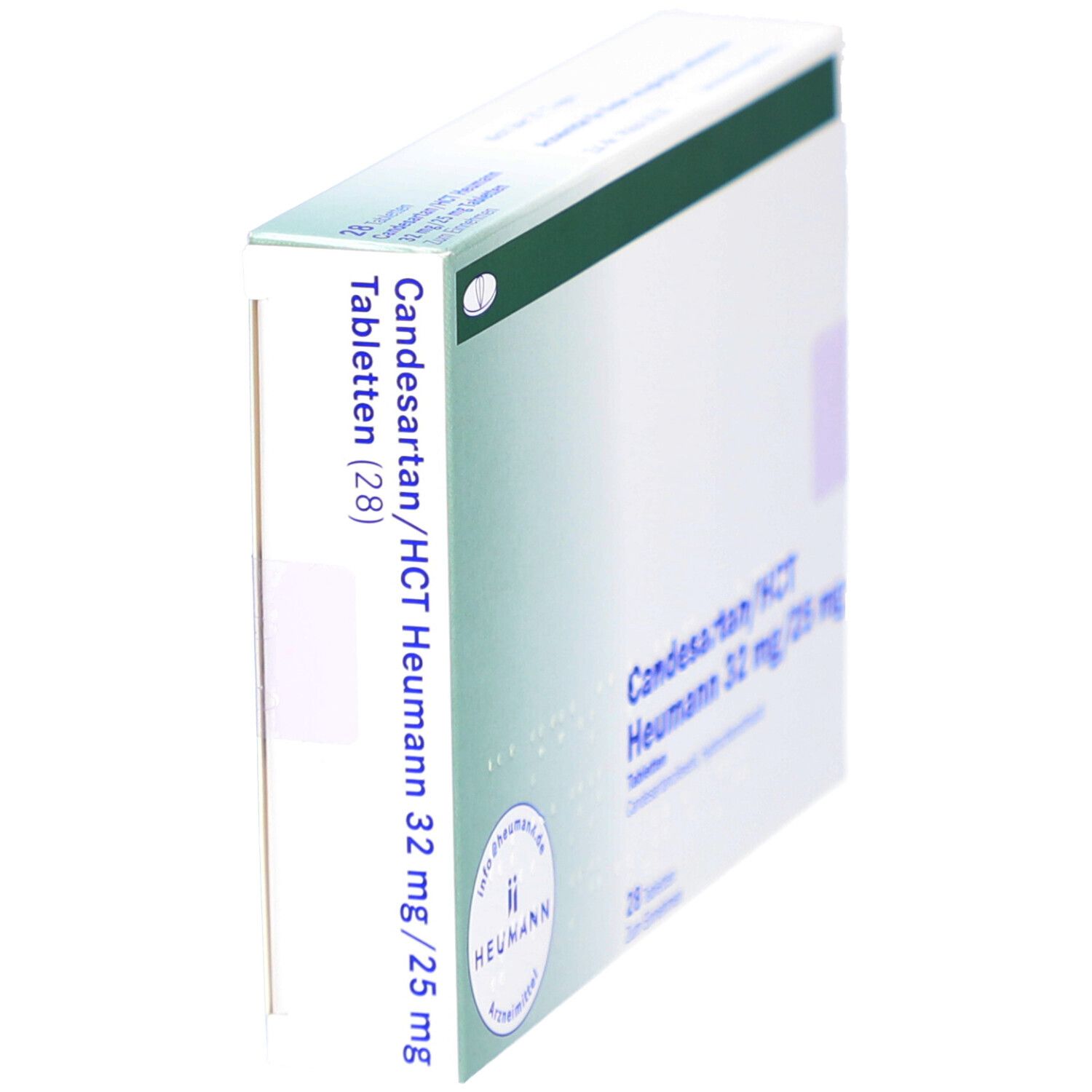 Schachtel CANDESARTAN/HCT Heumann 32 mg/25 mg Tabletten. Seitenansicht. Grün-weiße Verpackung. Text: 28 Tabletten.