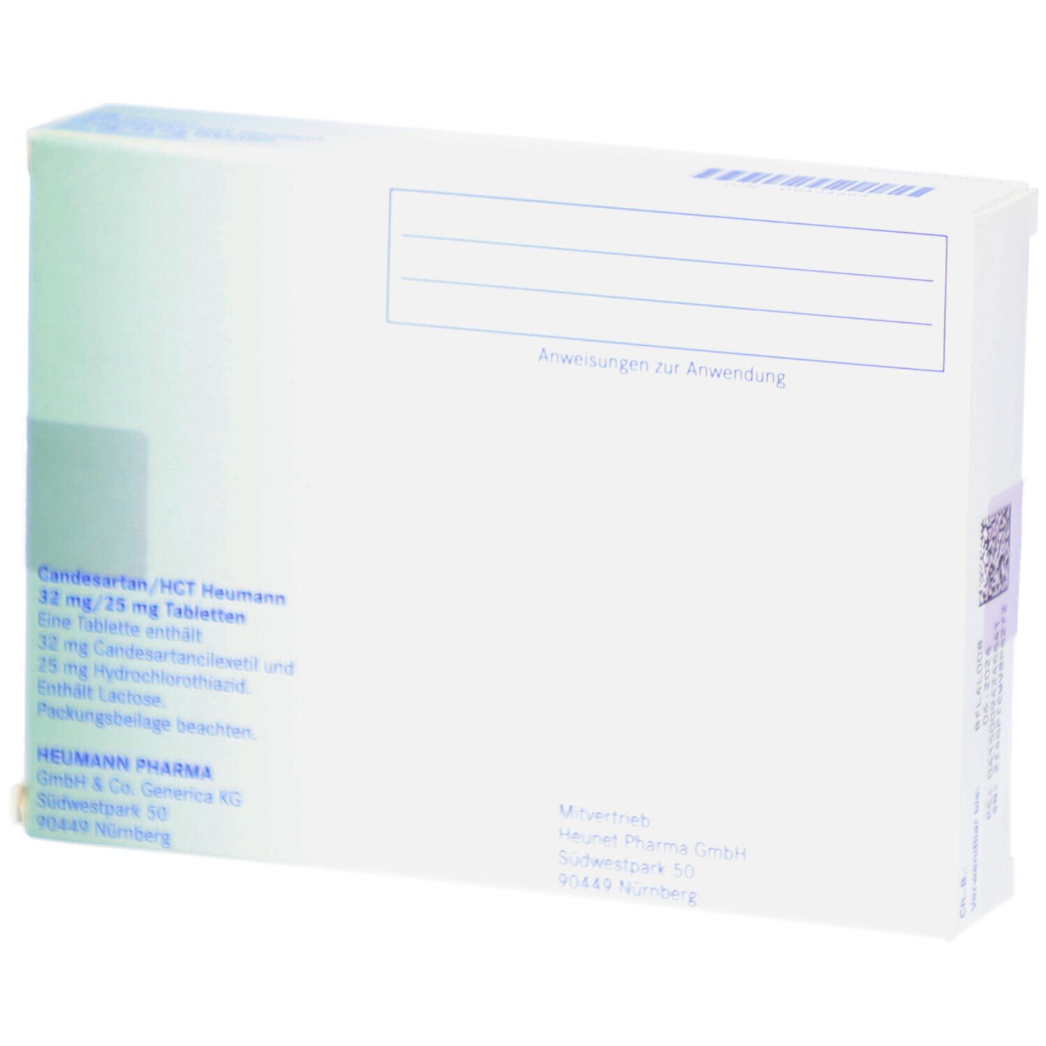 Rückseite der Schachtel CANDESARTAN/HCT Heumann 32 mg/25 mg Tabletten. Text und Barcode.