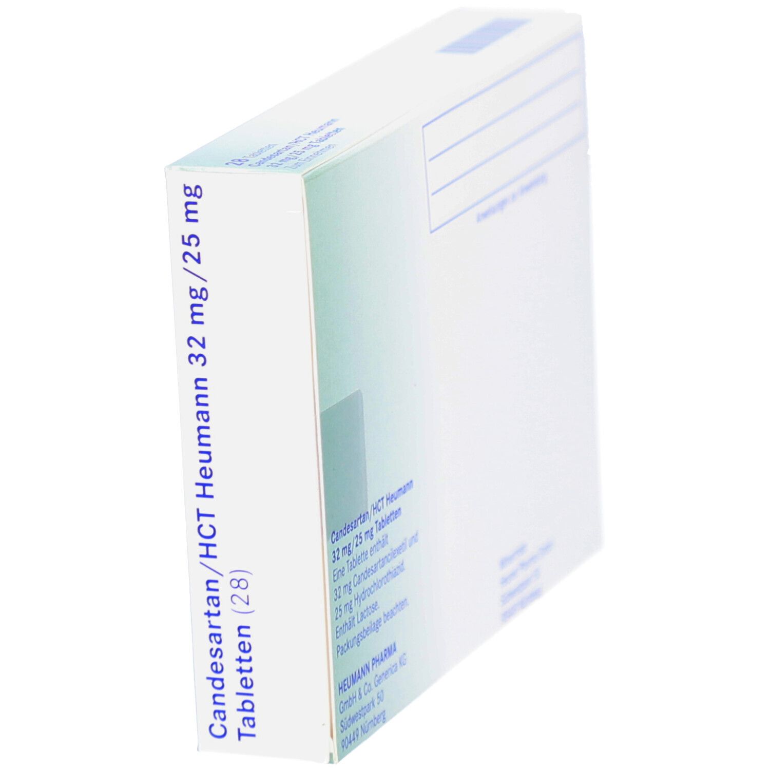 Seitenansicht der Schachtel CANDESARTAN/HCT Heumann 32 mg/25 mg Tabletten. Text: 28 Tabletten.