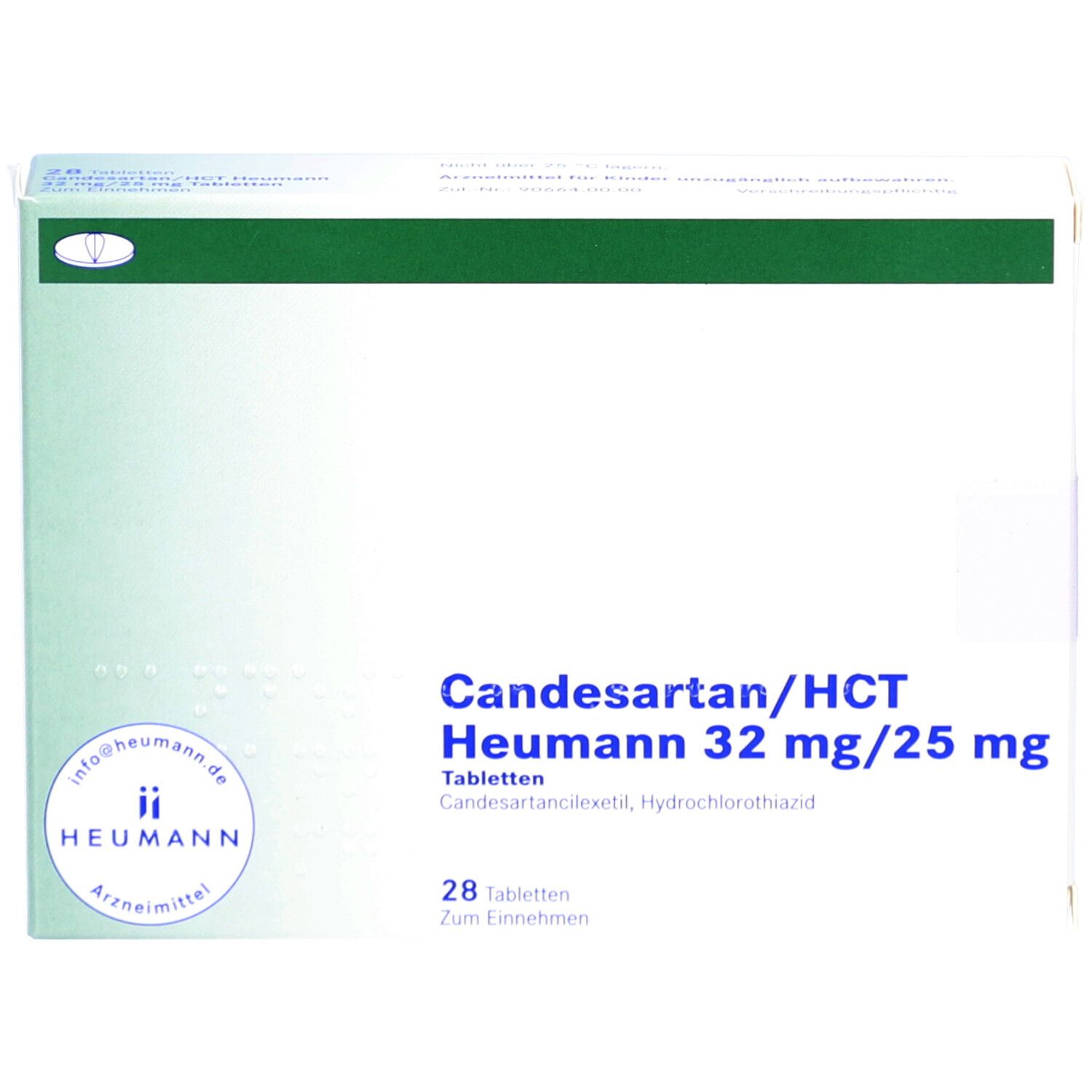 Schachtel CANDESARTAN/HCT Heumann 32 mg/25 mg Tabletten. Grün-weiße Verpackung. Text: 28 Tabletten.