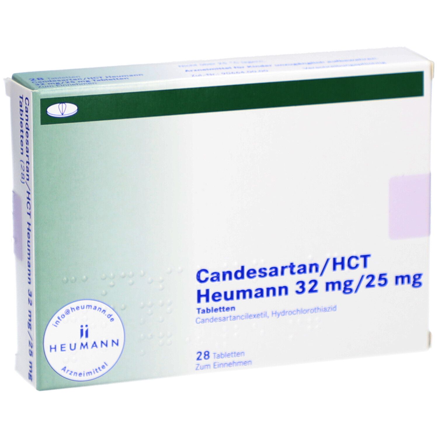 Schachtel CANDESARTAN/HCT Heumann 32 mg/25 mg Tabletten. Grün-weiße Verpackung. Text: 28 Tabletten.